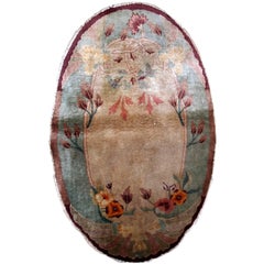 Handmade Antique Chinese Art Deco Oval Rug, 1920s
