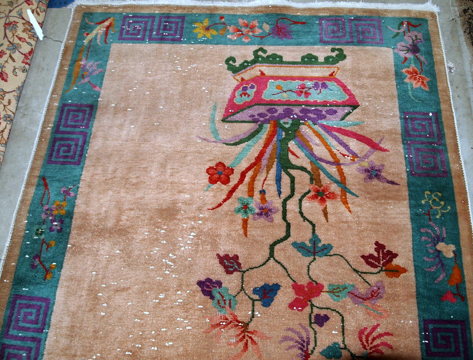 Wool Handmade Antique Chinese Art Deco Rug, 1920s, 1B639 For Sale