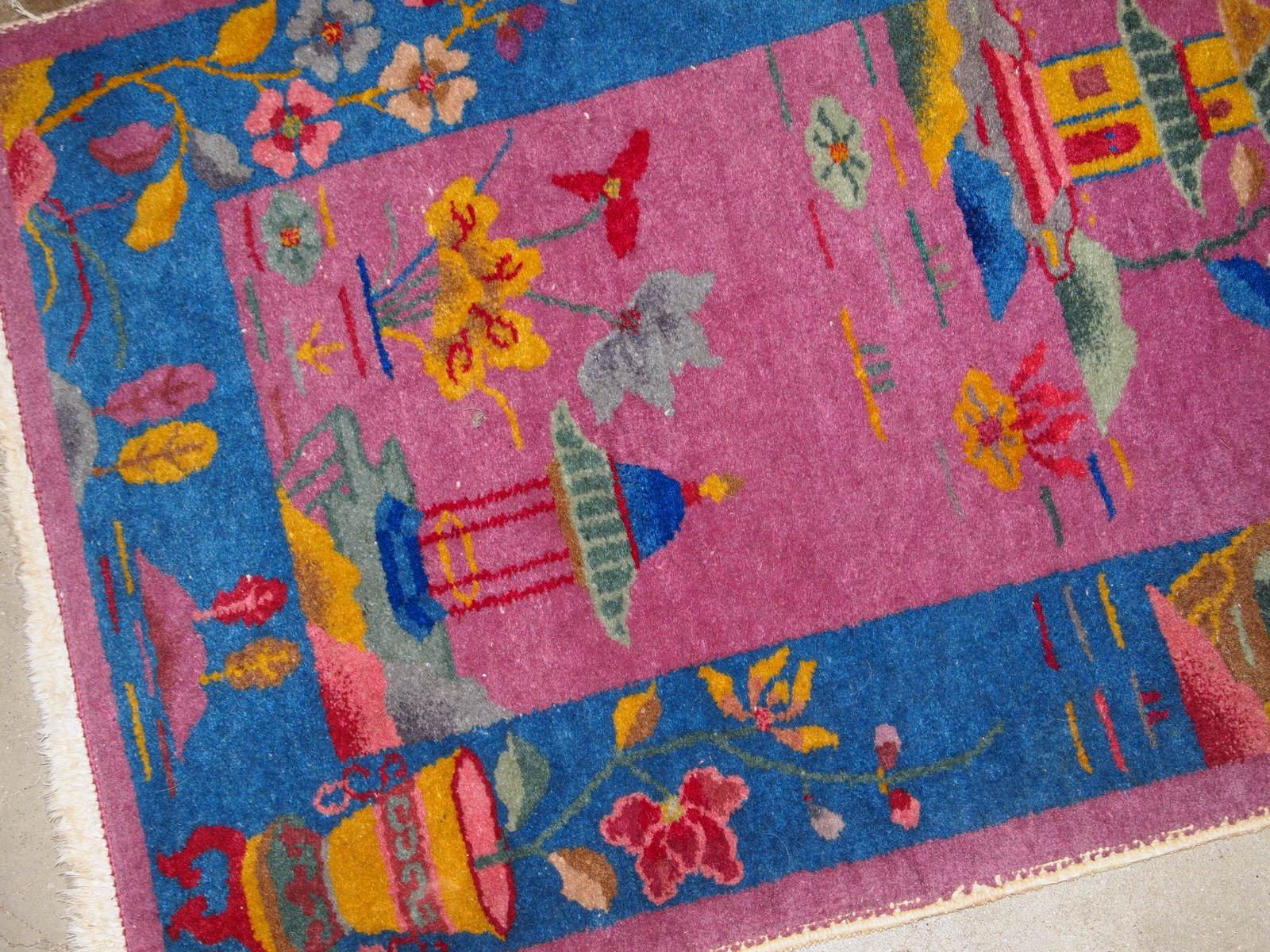 Hand-Knotted Handmade Antique Chinese Art Deco Rug, 1920s, 1B855