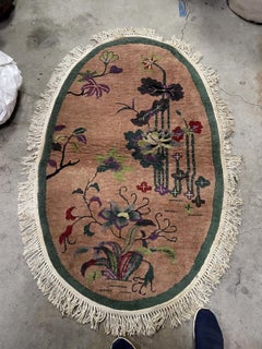 Handmade Antique Chinese Art Deco Rug Oval Wool 1920s 3.1 x 5.2 ft -1B991