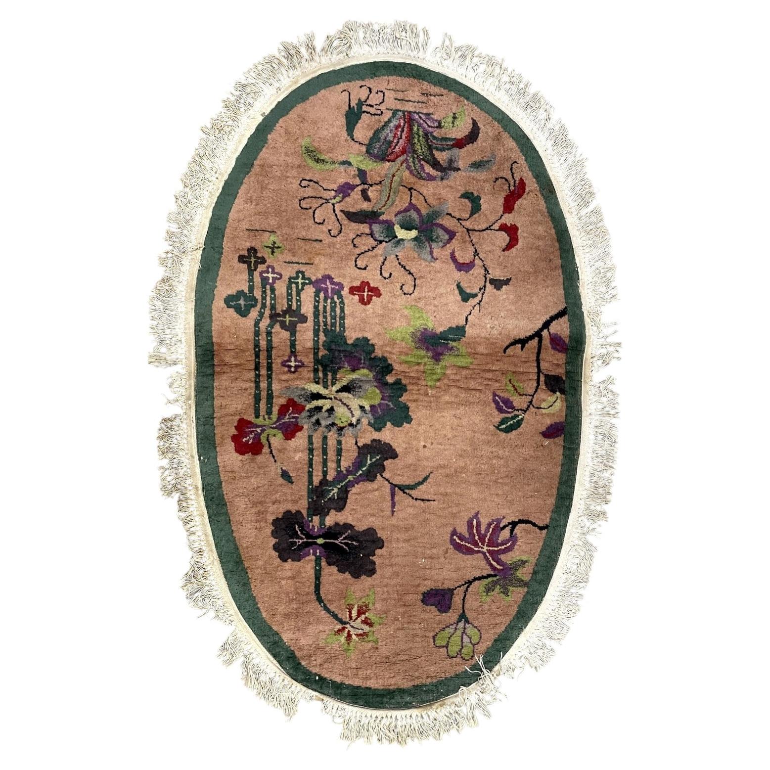 Handmade Antique Chinese Art Deco Rug Oval Wool 1920s 3.1 x 5.2 ft -1B991