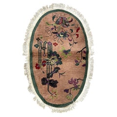 Handmade Antique Chinese Art Deco Rug Oval Wool 1920s 3.1 x 5.2 ft -1B991