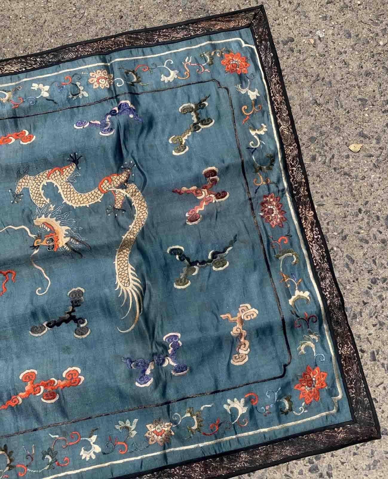 Hand-Knotted Handmade Antique Chinese Collectible Silk Textile, 1870s, 1B940 For Sale