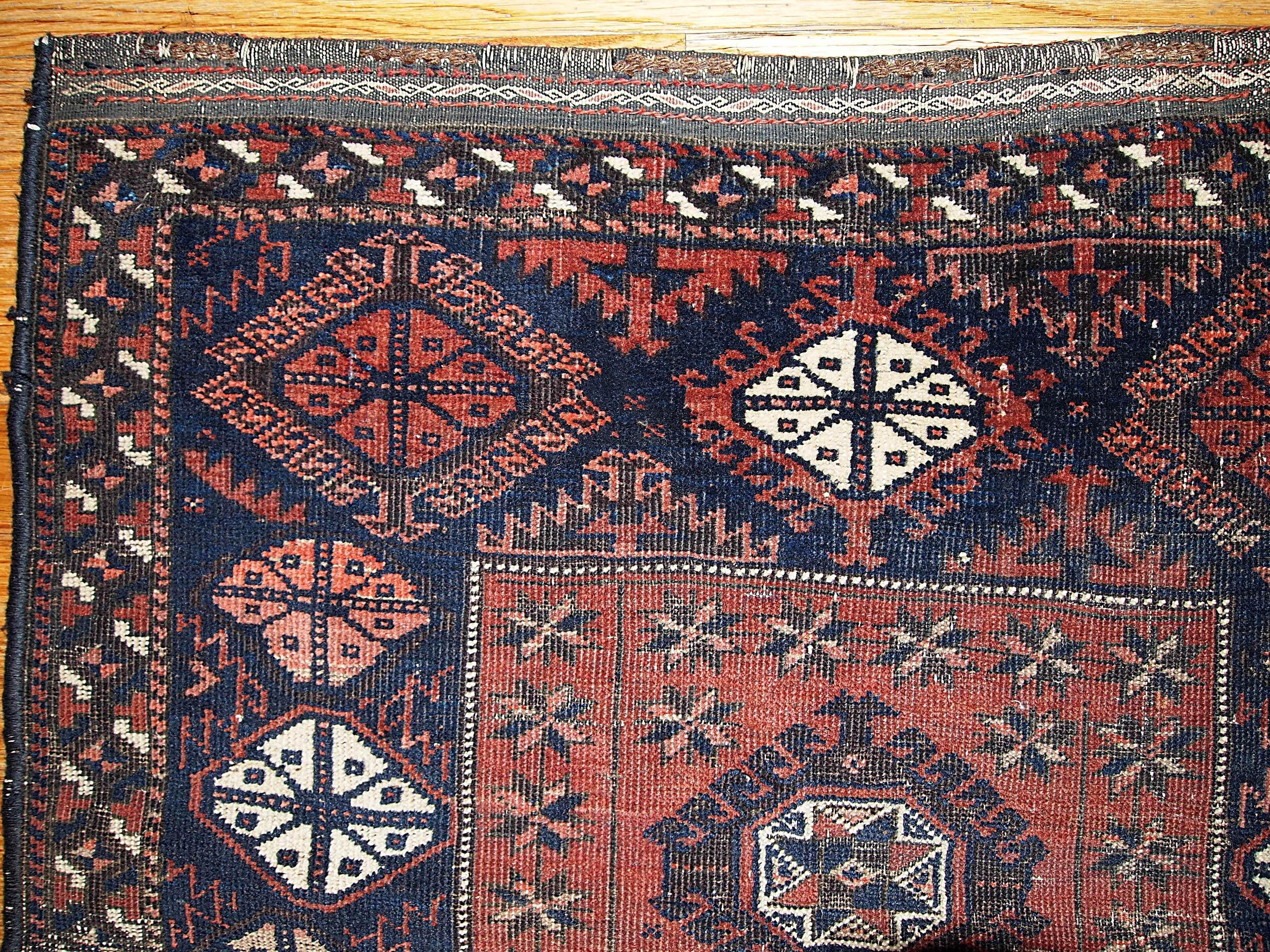 Hand-Knotted Handmade Antique Collectible Afghan Baluch Rug, 1880s, 1B326