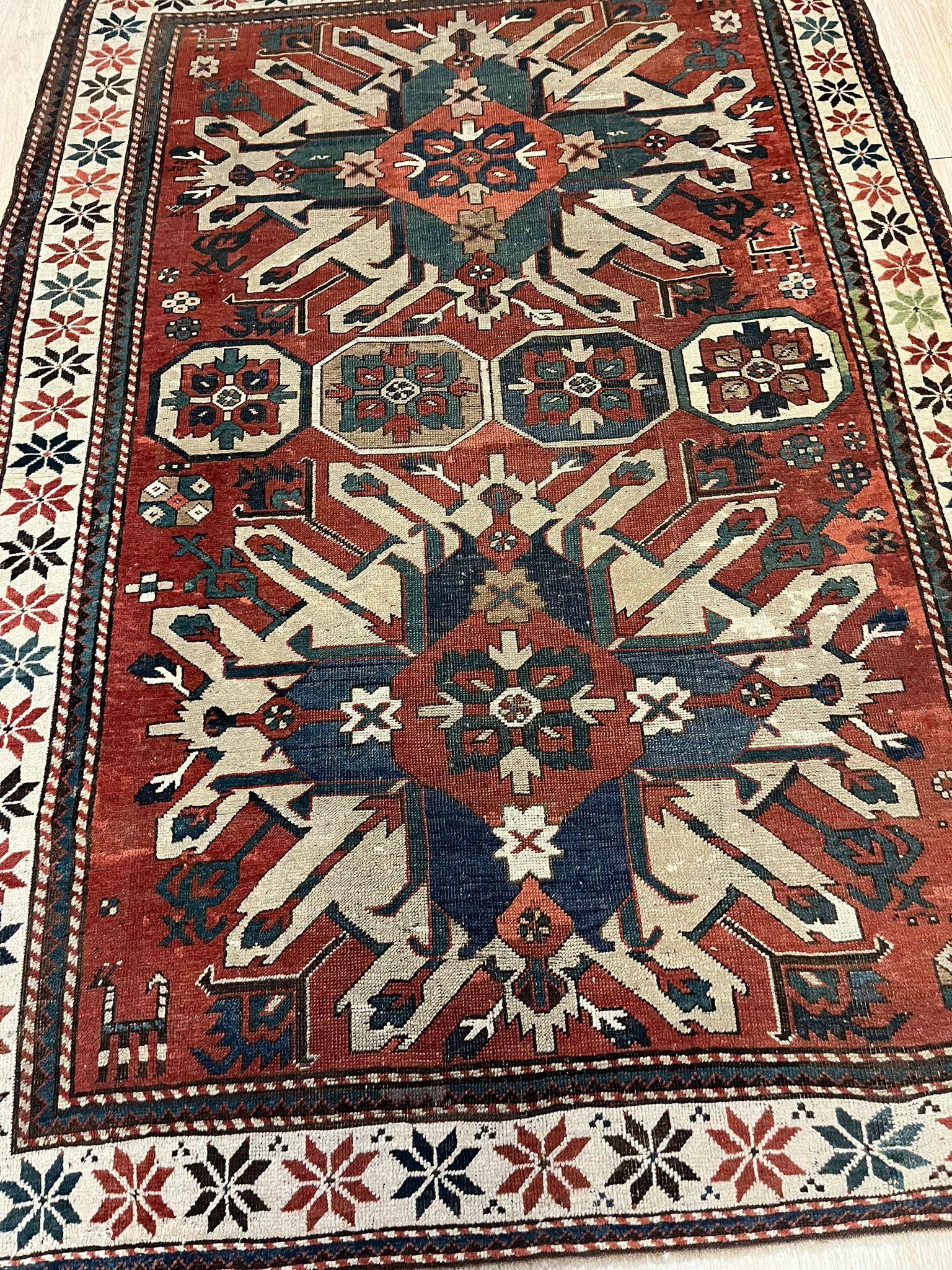 Handmade Antique Collectible Caucasian Eagle Kazak Rug 5.6' x 7.9', 1880s - 1F01 In Good Condition In Bordeaux, FR