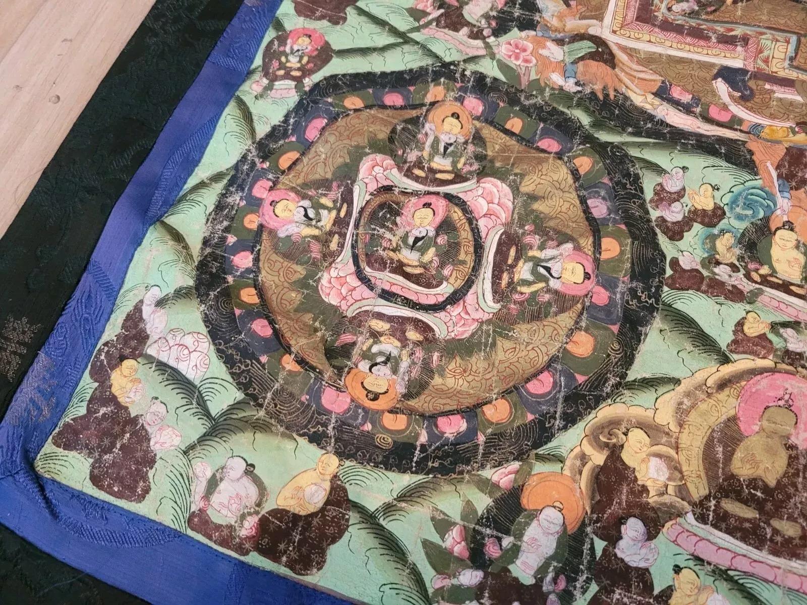 This exquisite handmade antique Mongolian silk textile dates back to the 1870s, offering a rare glimpse into Central Asian decorative traditions. A true collectible masterpiece, this silk panel features sacred symbols, geometric forms, and circular
