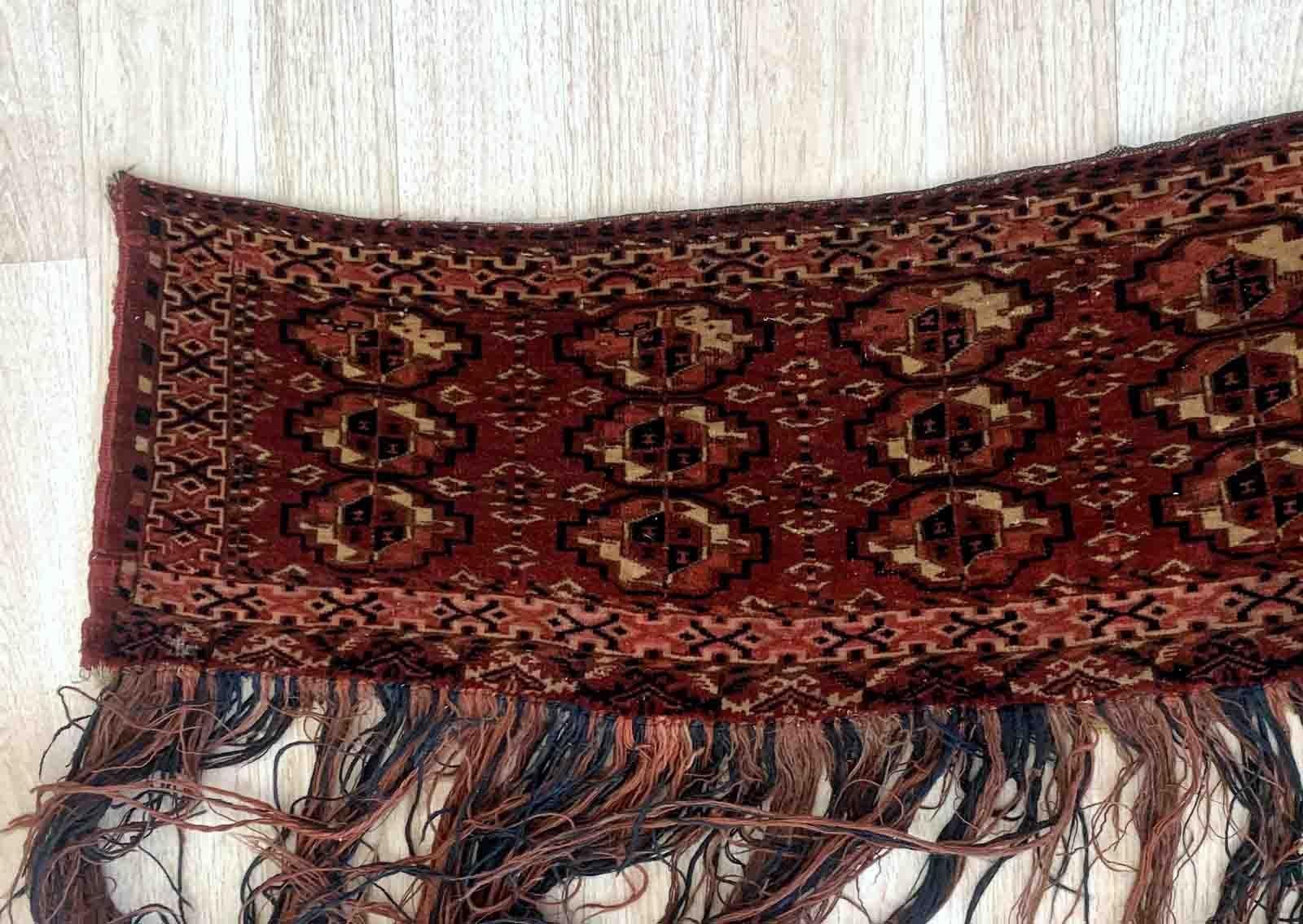Handmade antique Turkmen Tekke rug in original good condition. The rug has been made in the end of 19th century in Turkmenistan. All dyes on the rug are natural. This rug is collectible piece.


?-condition: original good,

-circa: