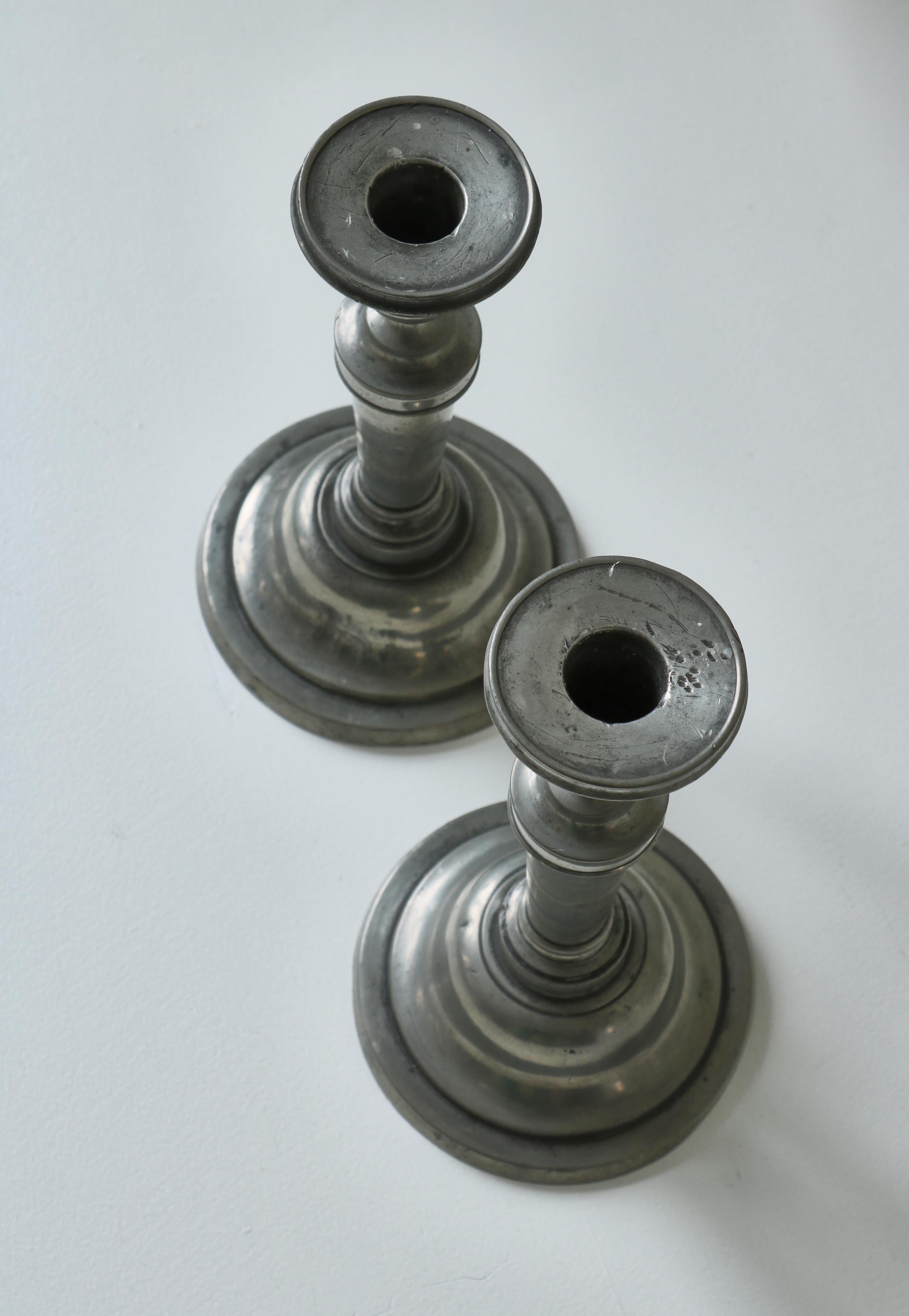 Danish Handmade Antique Empire Candle Holders in Pewter, Stamped, Denmark, 19th Century