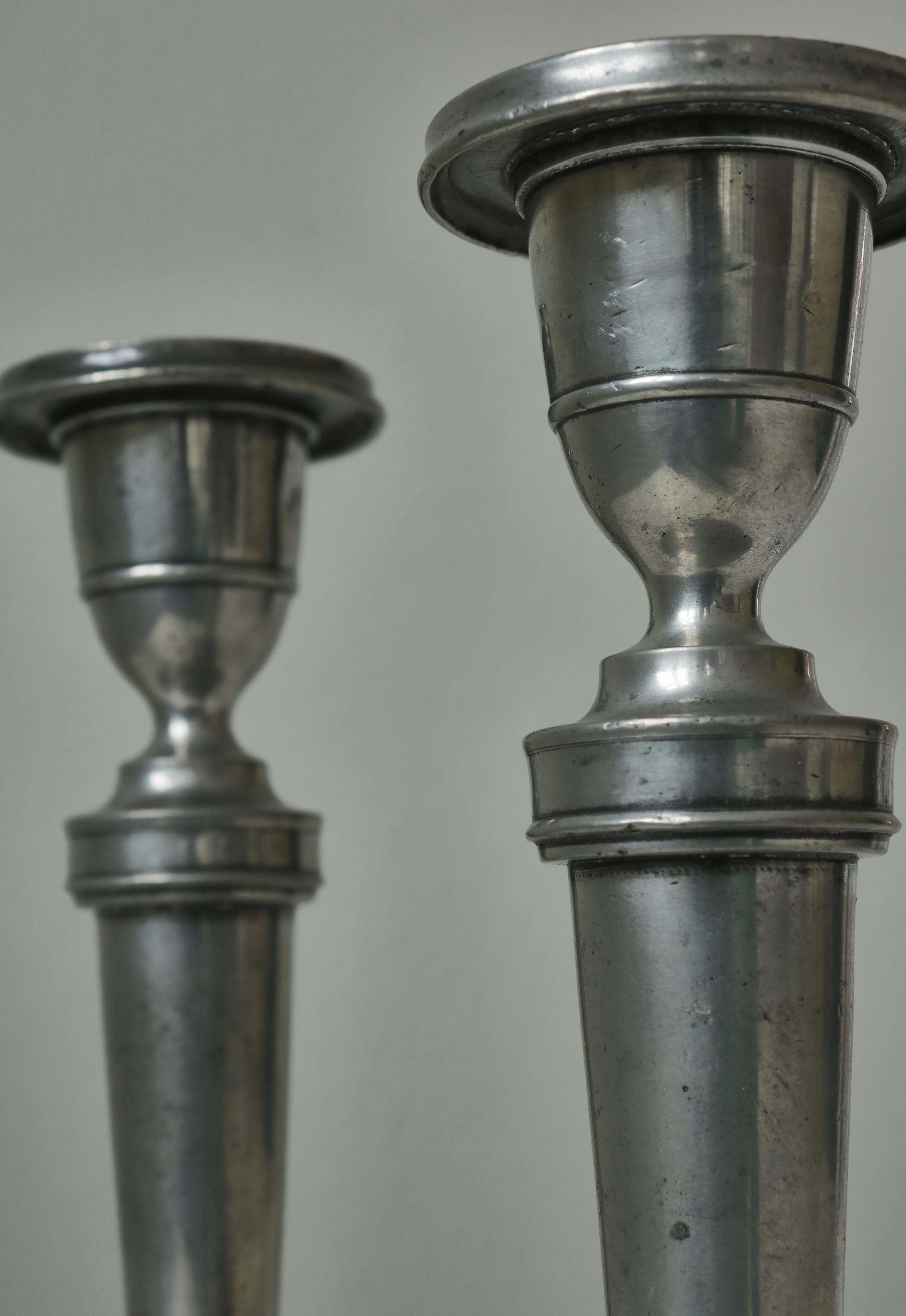 Handmade Antique Empire Candle Holders in Pewter, Stamped, Denmark, 19th Century In Fair Condition In Odense, DK