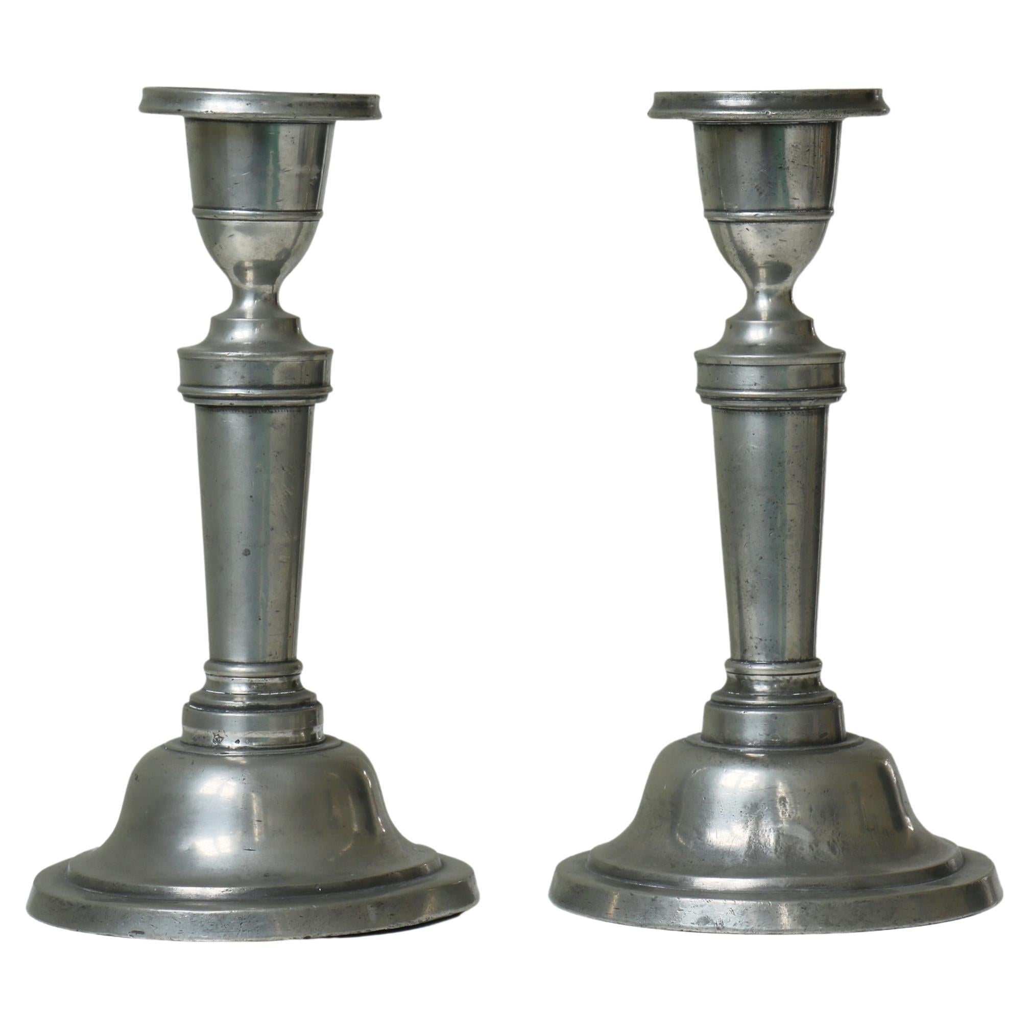 Handmade Antique Empire Candle Holders in Pewter, Stamped, Denmark, 19th Century