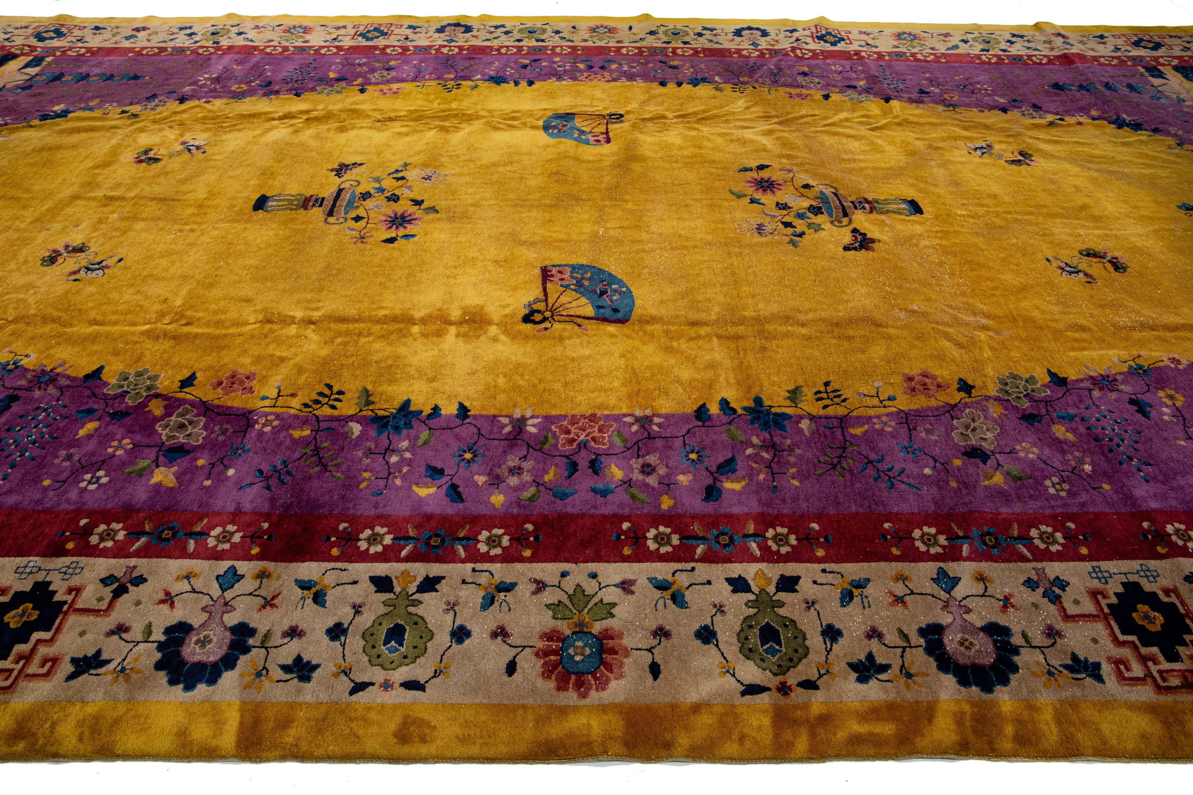Handmade Antique Floral Art Deco Chinese Wool Rug Oversize with Goldenrod Field  In Good Condition For Sale In Norwalk, CT