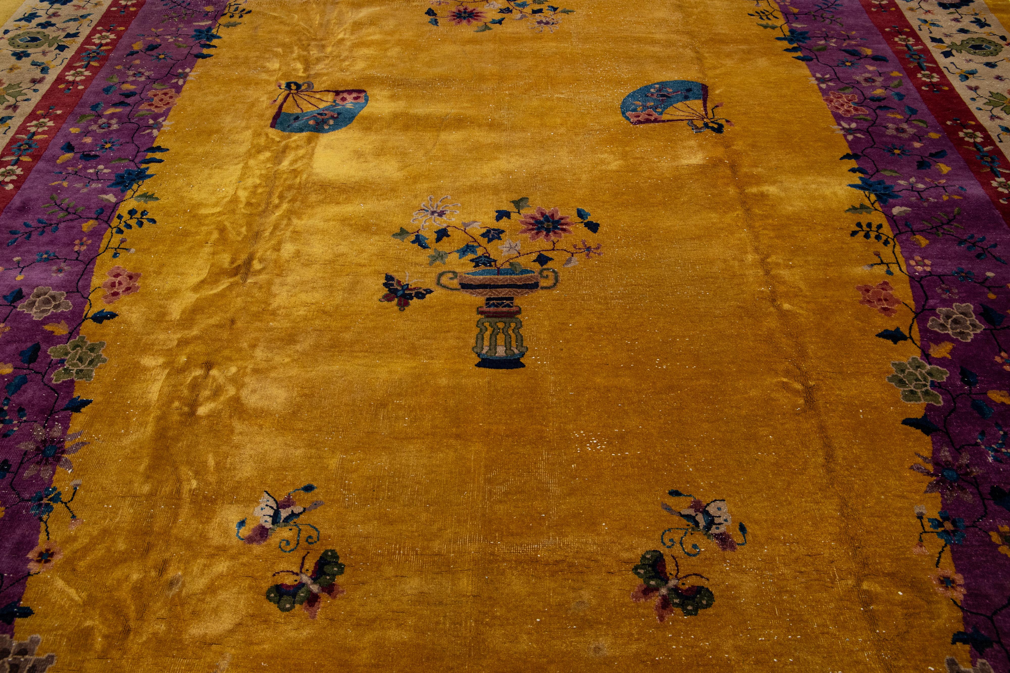 Handmade Antique Floral Art Deco Chinese Wool Rug Oversize with Goldenrod Field  For Sale 1