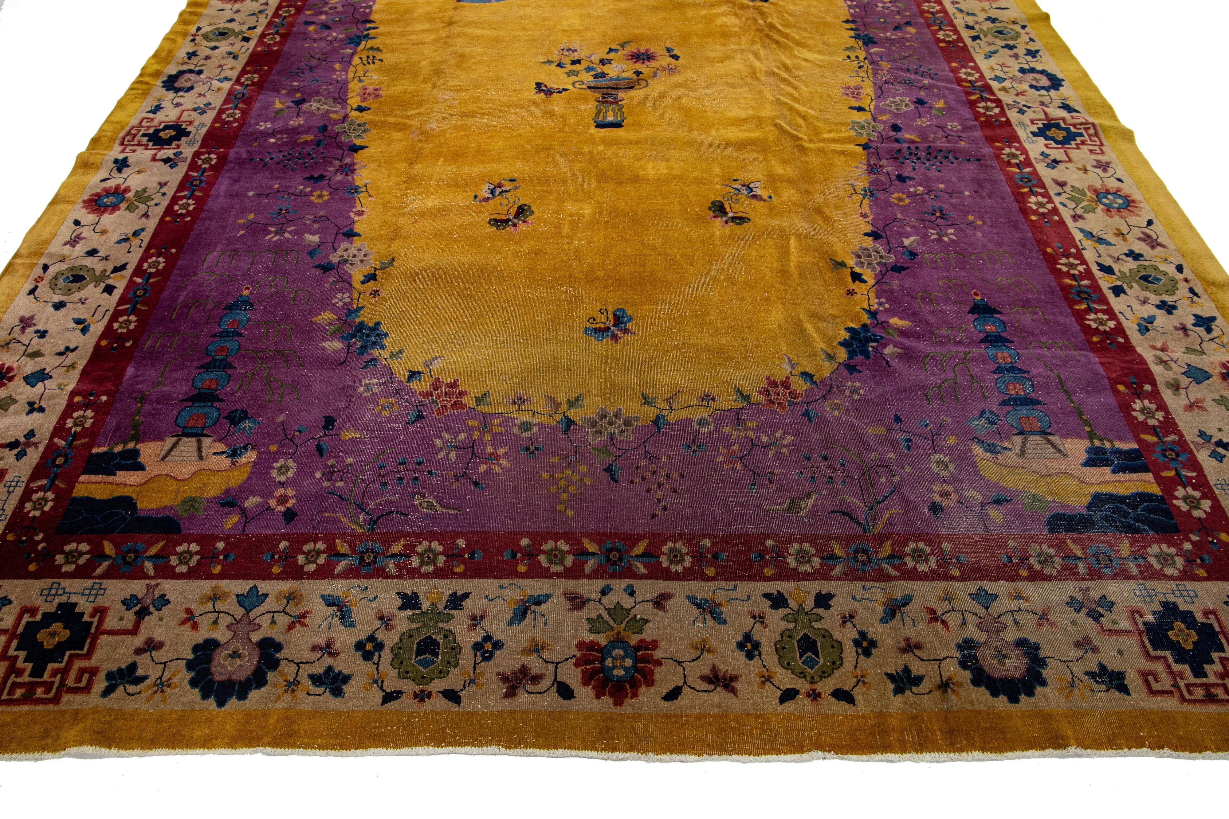 Handmade Antique Floral Art Deco Chinese Wool Rug Oversize with Goldenrod Field  For Sale 4