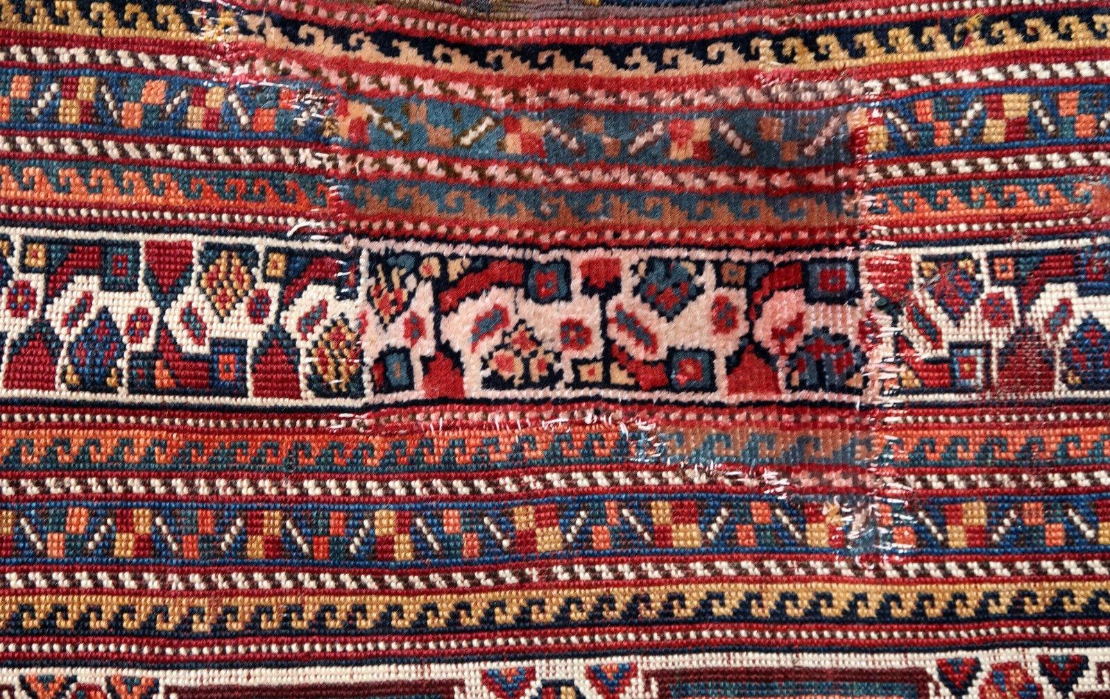 Handgefertigter antiker Teppich im Gashkai-Stil, 1900er Jahre, 1P89 im Zustand „Starke Gebrauchsspuren“ im Angebot in Bordeaux, FR