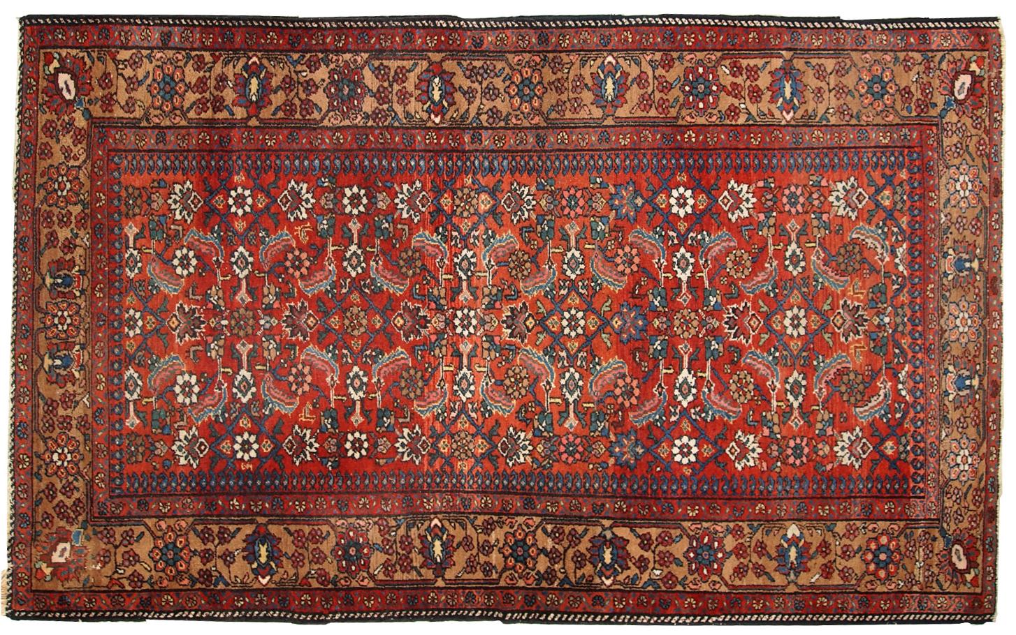 Antique Persian Hamadan rug in original condition. The rug is in red, brown and sky blue shades.

  