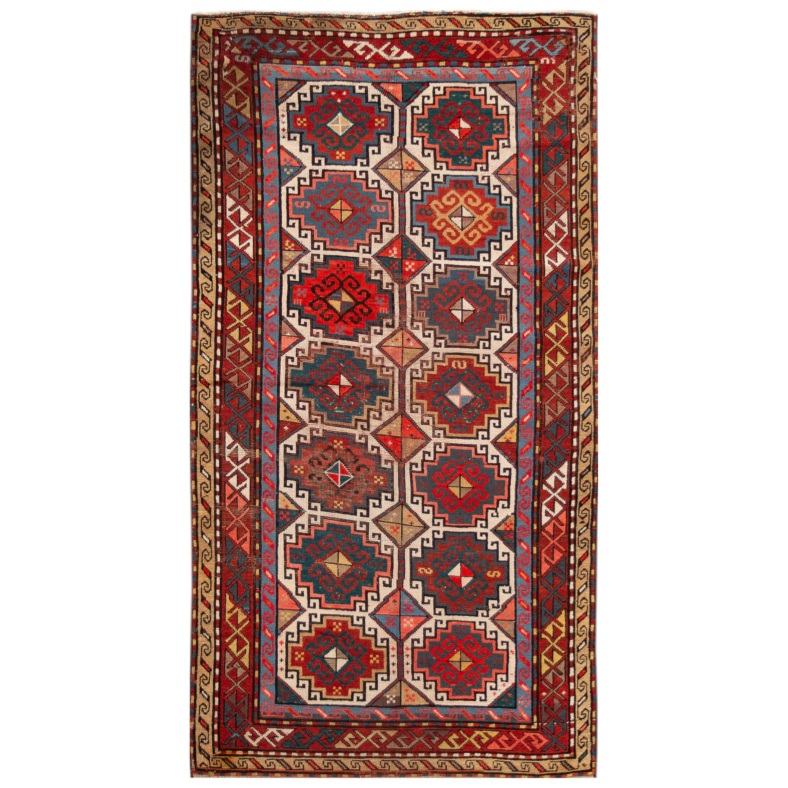 Handmade Antique Kazak Gallery Wool Rug with Multicolor Geometric Pattern For Sale