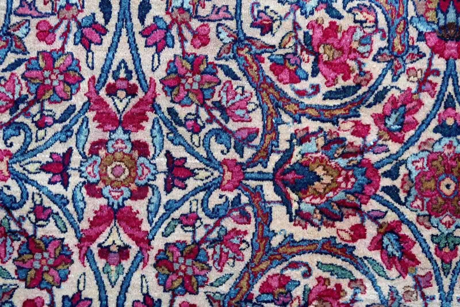 Handmade antique fragment of Kerman rug in traditional busy floral design. The fragment is in original good condition, it is from the beginning of 20t century.

-condition: original good,

-circa: 1930s,

-size: 2.9' x 8.6' (90cm x