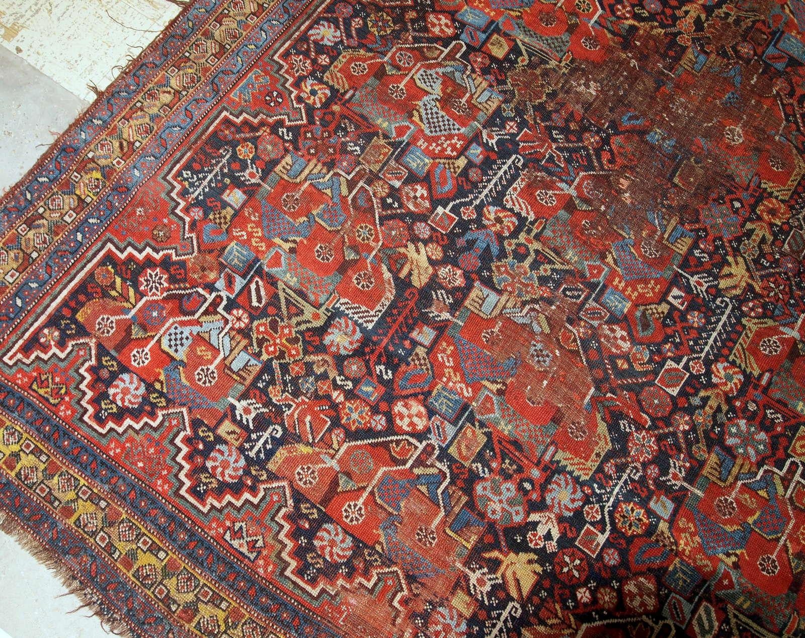 Hand-Knotted Handmade Antique Khamseh Style Rug, 1840s, 1B663 For Sale
