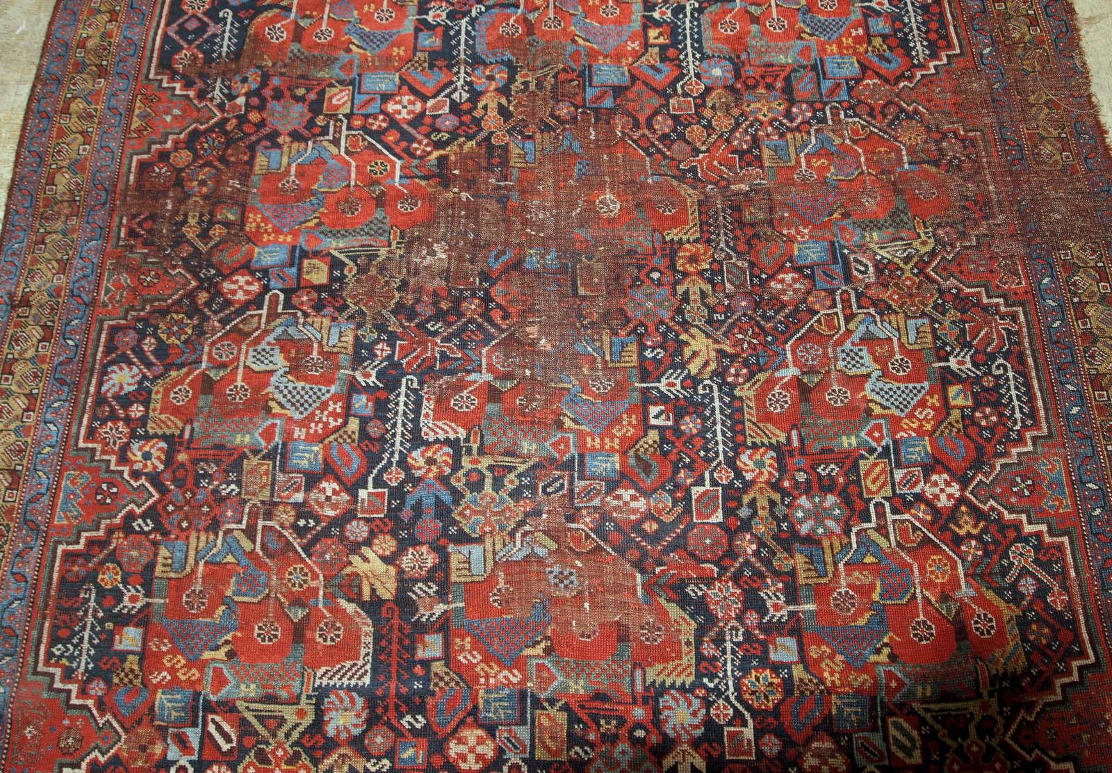 Handmade Antique Khamseh Style Rug, 1840s, 1B663 In Distressed Condition For Sale In Bordeaux, FR