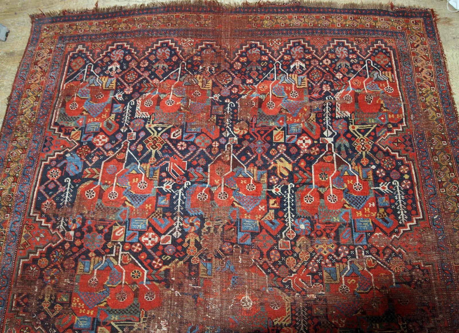 Wool Handmade Antique Khamseh Style Rug, 1840s, 1B663 For Sale