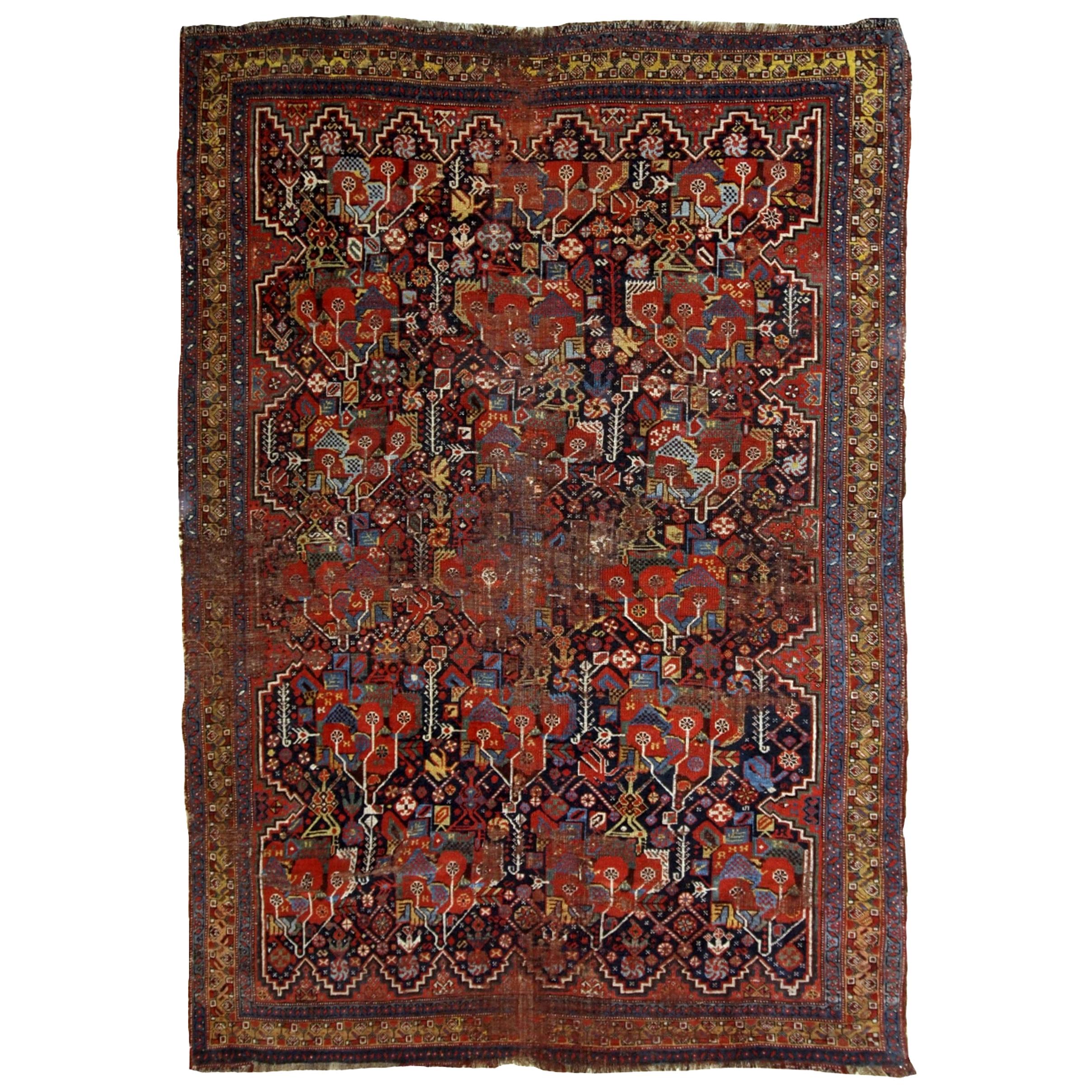Handmade Antique Khamseh Style Rug, 1840s, 1B663