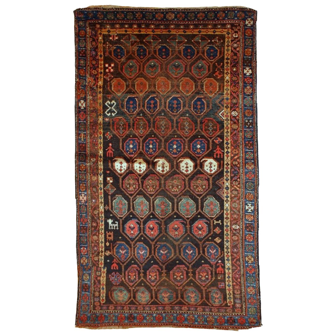 Tappeto antico in stile curdo fatto a mano, 1880, 1B418