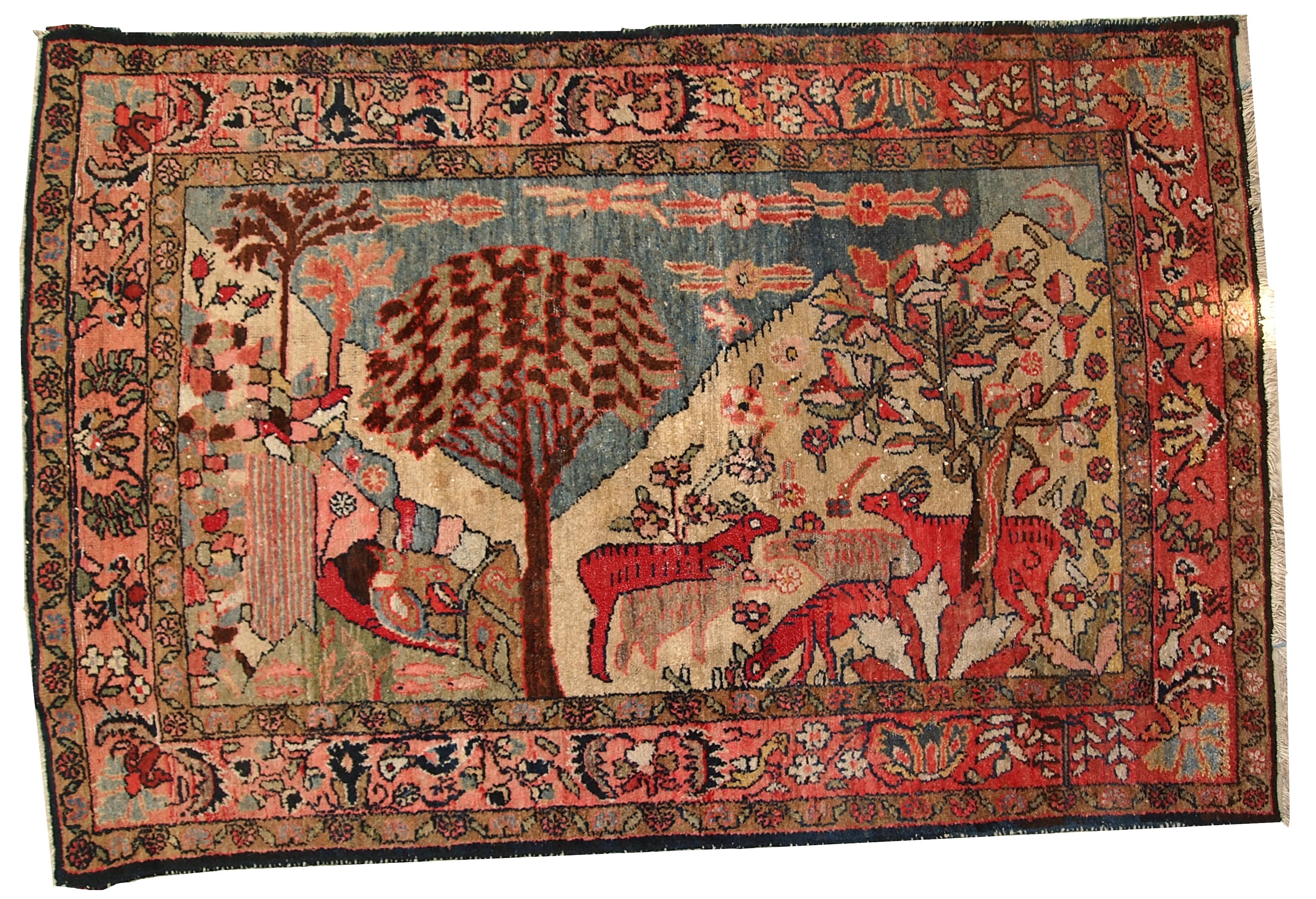 Very unusual antique Persian Malayer rug. This handwoven masterpiece was made in 1920s. Very charming pictorial design and wonderful scenery pictured on this rug. In original condition- some areas has low pile.

 