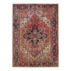 Handmade Antique Medallion Heriz Wool Rug in Red