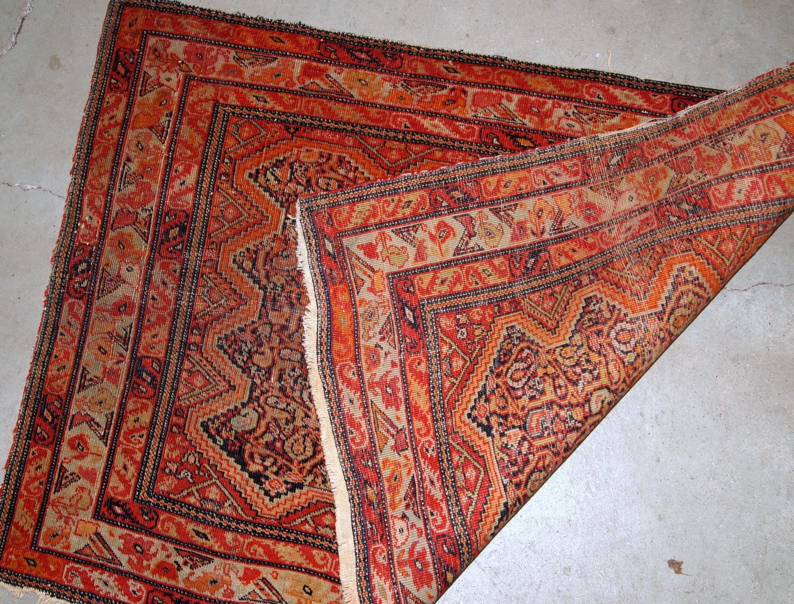 Handmade antique collectible Mishan Malayer style rug. This fine-weaved rug made in the end of 19th century and it is in original good condition, it has some low pile.

-Condition: original good, some low pile,

-circa: 1880s,

-Size: 2.3' x 3.7'