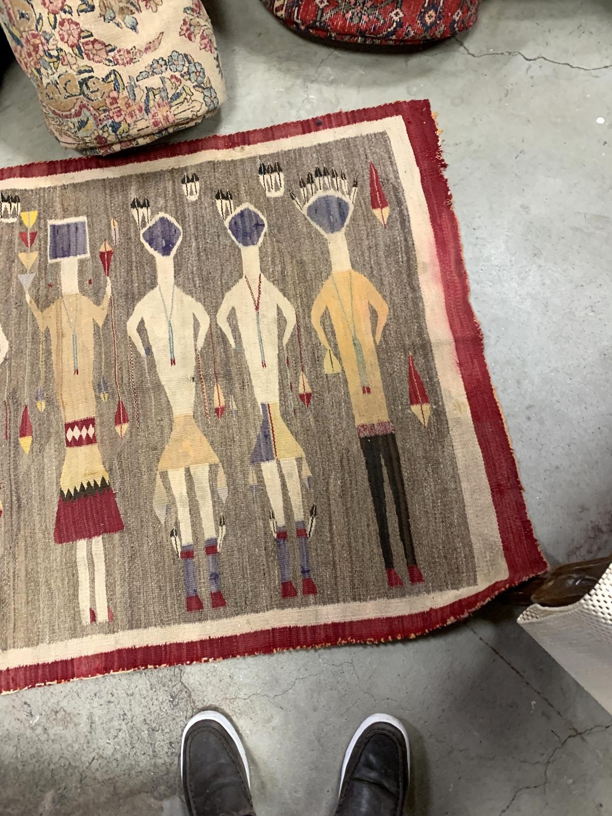 Wool Handmade Antique Native-American Navajo Yei Rug 3.4' x 5.11' 1900s - 2B59