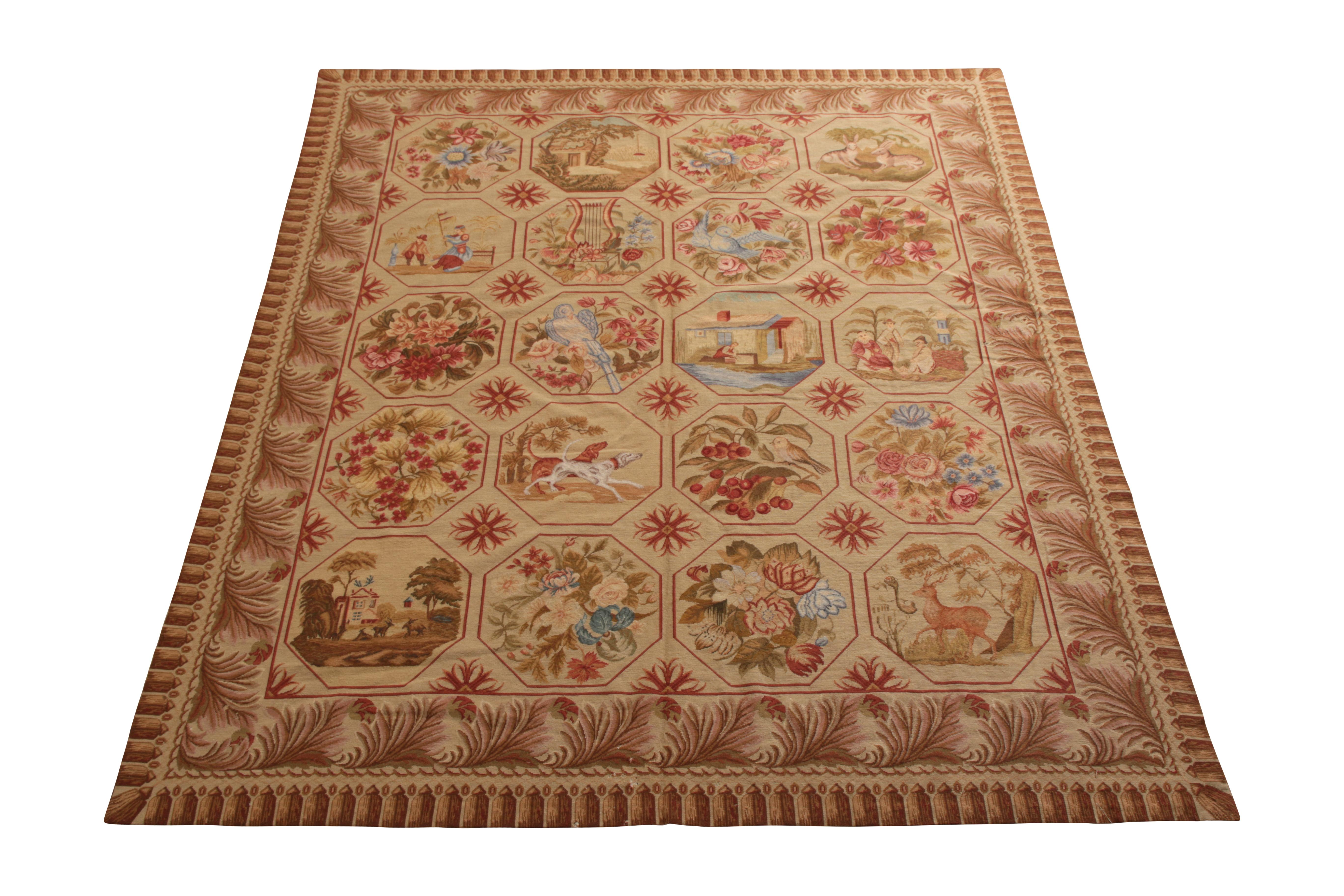 A 6x7 antique rug in needlepoint style, handmade in wool originating from China circa 1920-1930. Outstanding in its rare pictorial style, complemented by forgiving beige-brown, green, and red hues. Enjoying uniquely non-repeating medallions in the