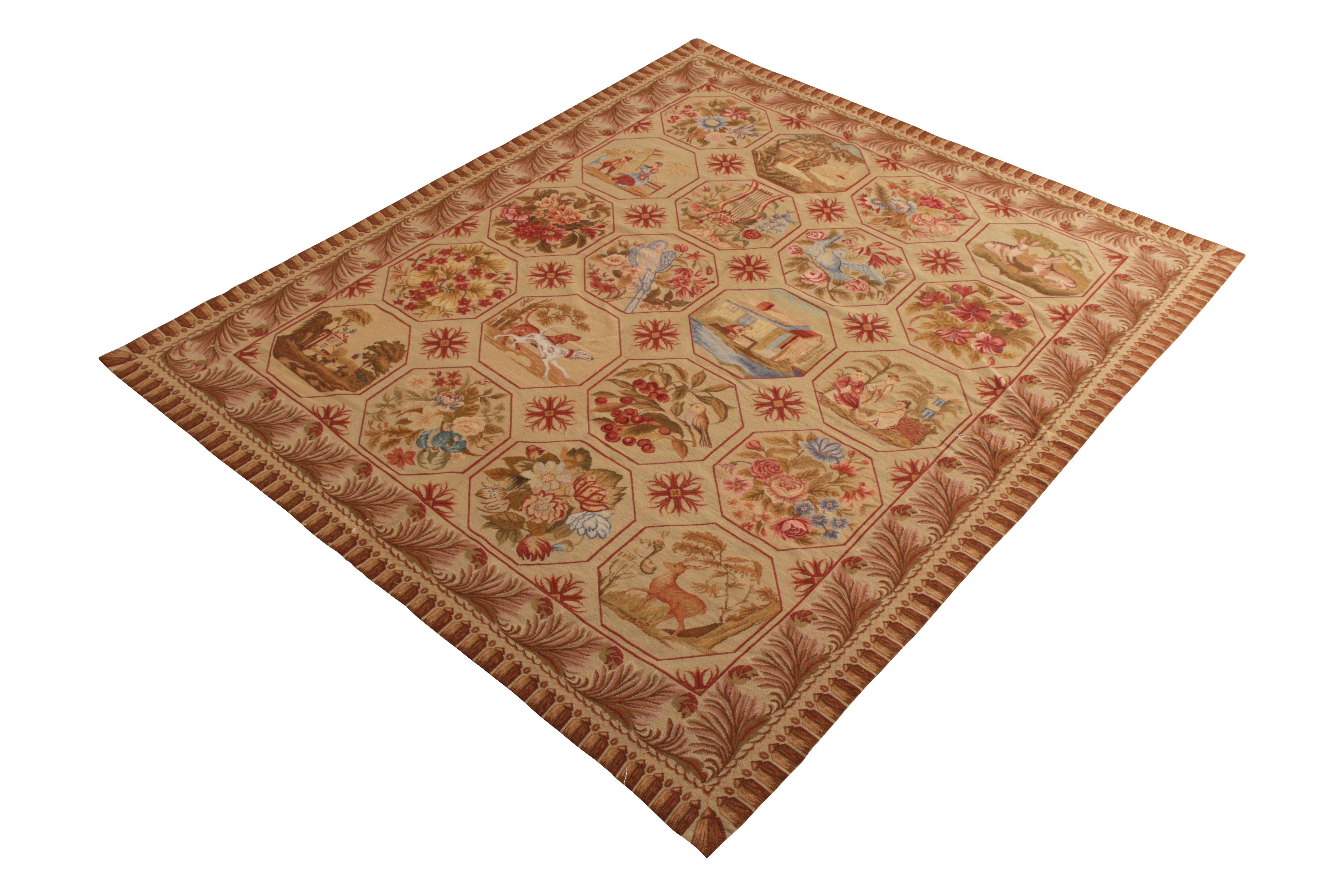 Other Antique Needlepoint Rug in Beige-Brown Floral Pictorial Pattern by Rug & Kilim For Sale