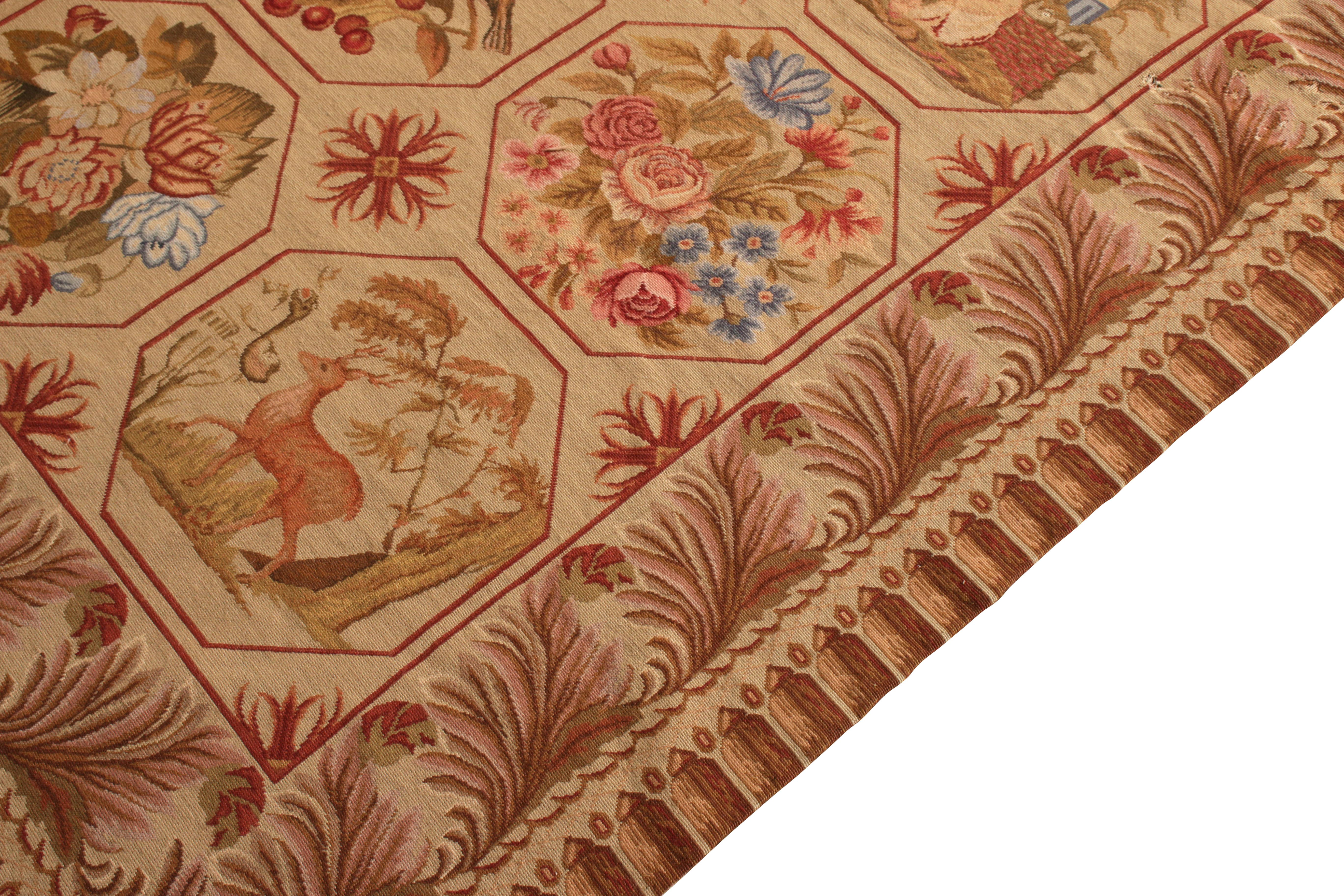 Chinese Antique Needlepoint Rug in Beige-Brown Floral Pictorial Pattern by Rug & Kilim For Sale