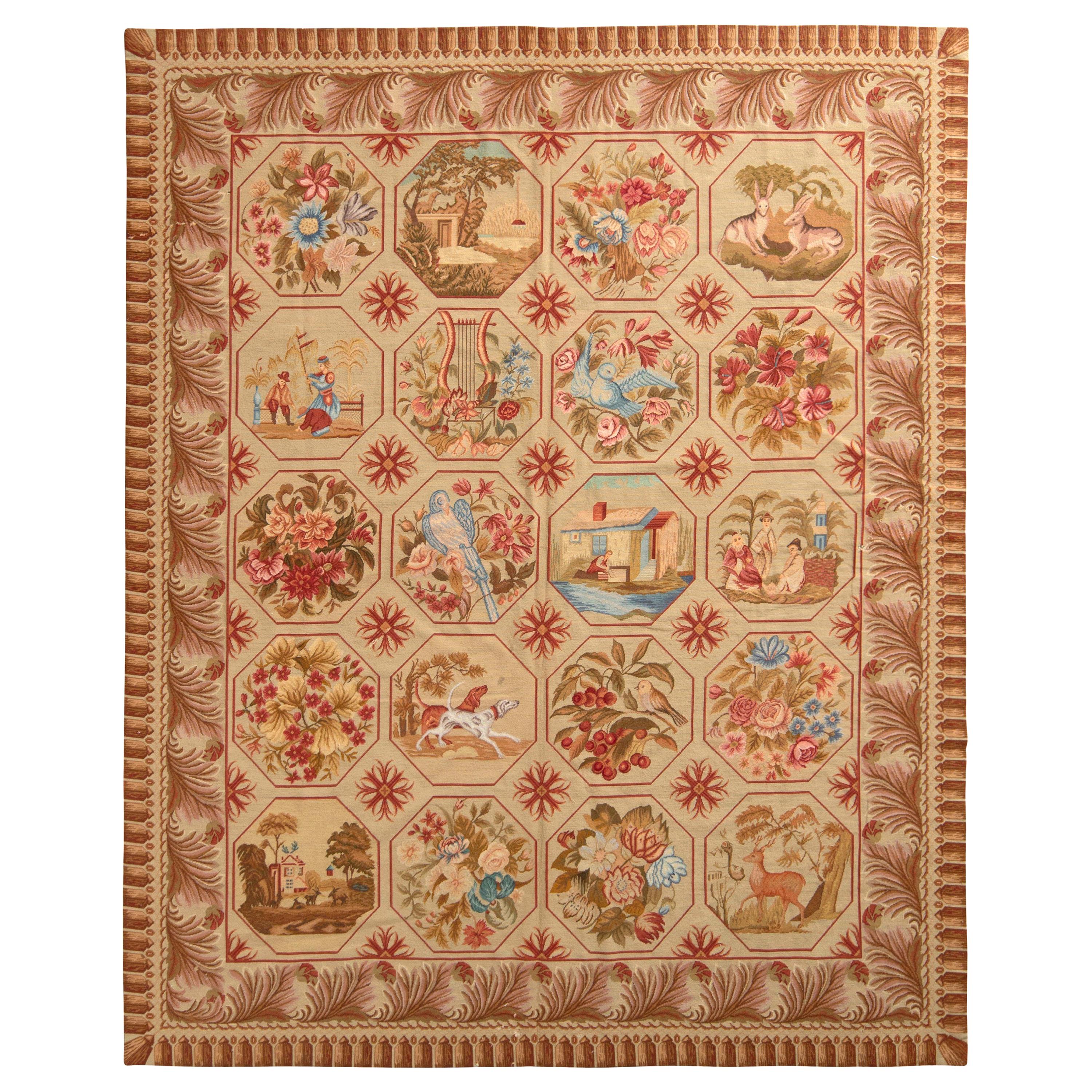 Antique Needlepoint Rug in Beige-Brown Floral Pictorial Pattern by Rug & Kilim For Sale