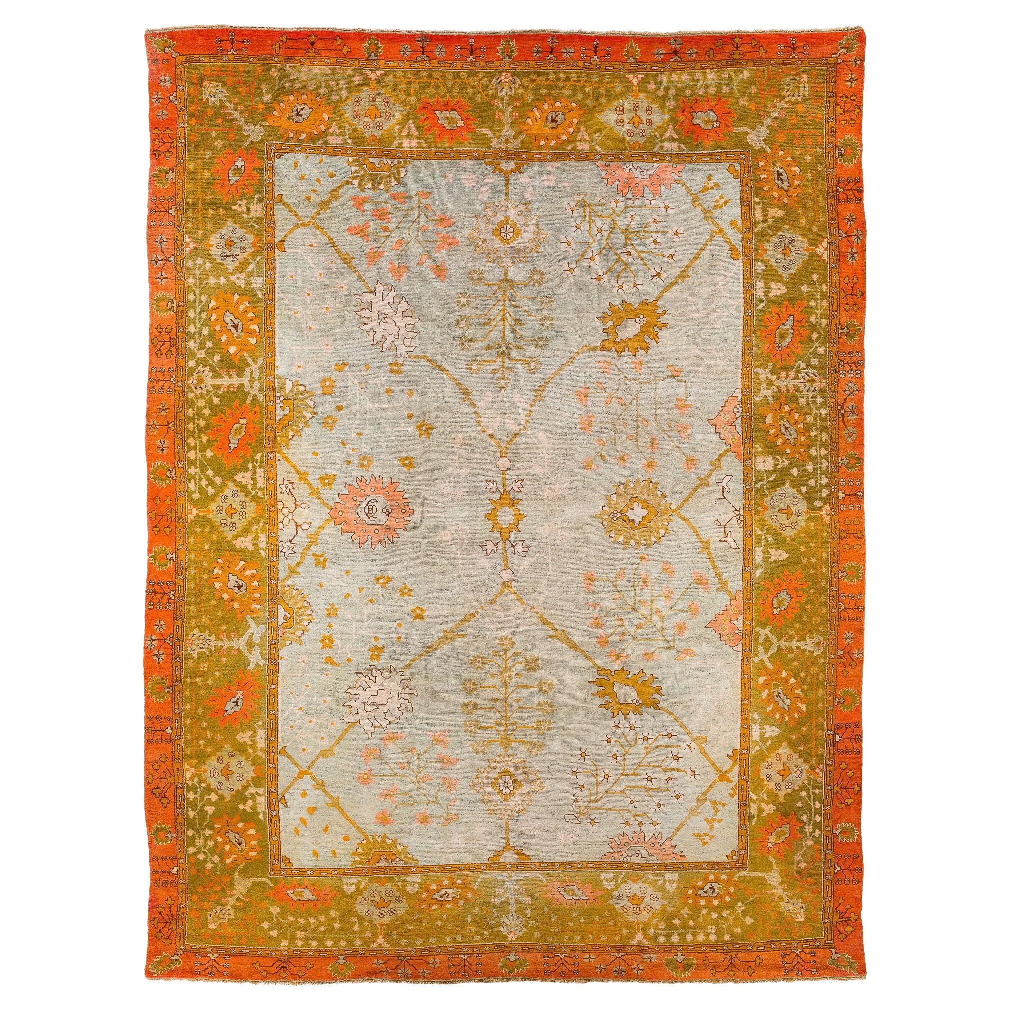 Antique 19th Century Turkish Oushak Area Rug with Seafoam Field, Orange Border For Sale
