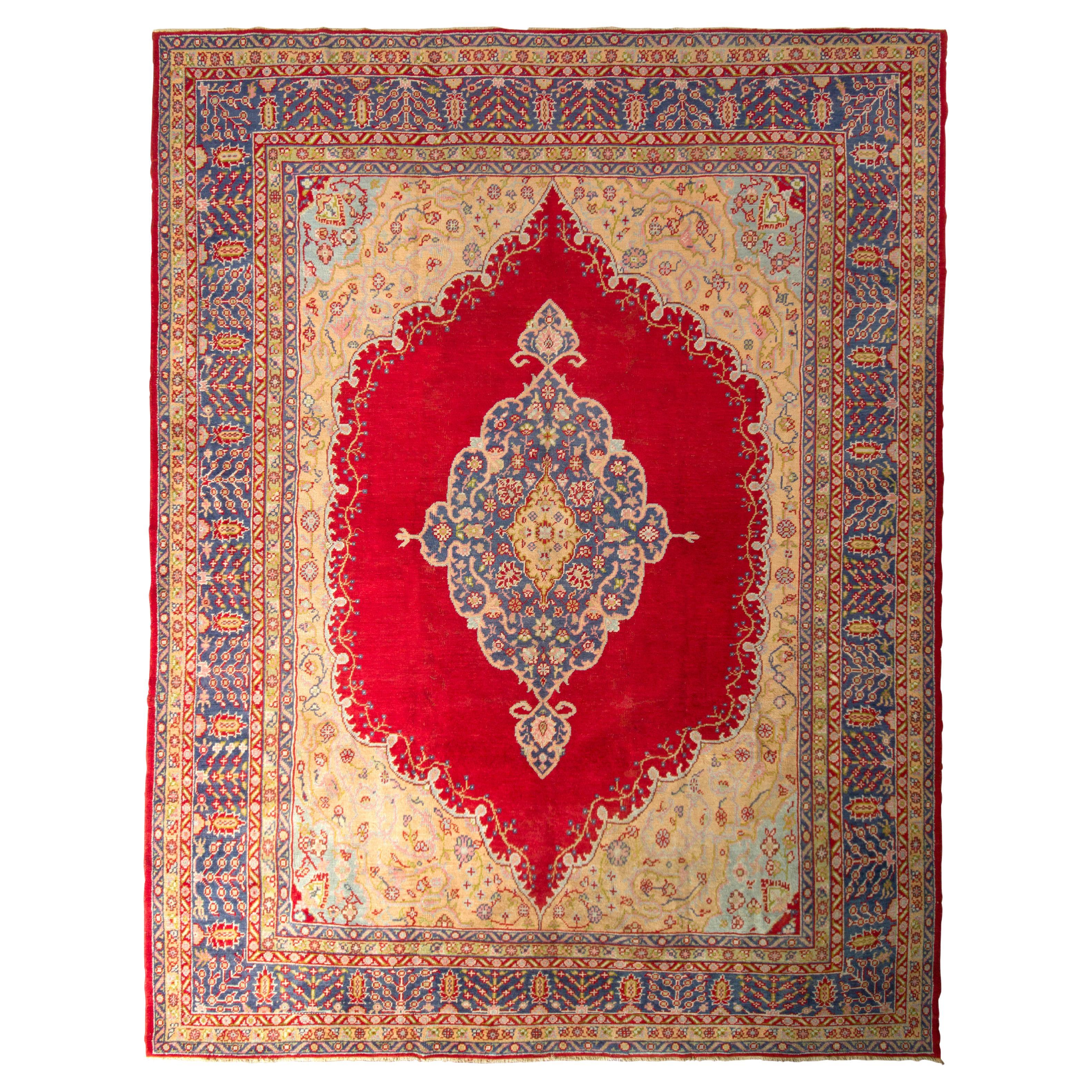 Antique Oushak Red and Gold AngoraWool Rug with Medallion Field Design