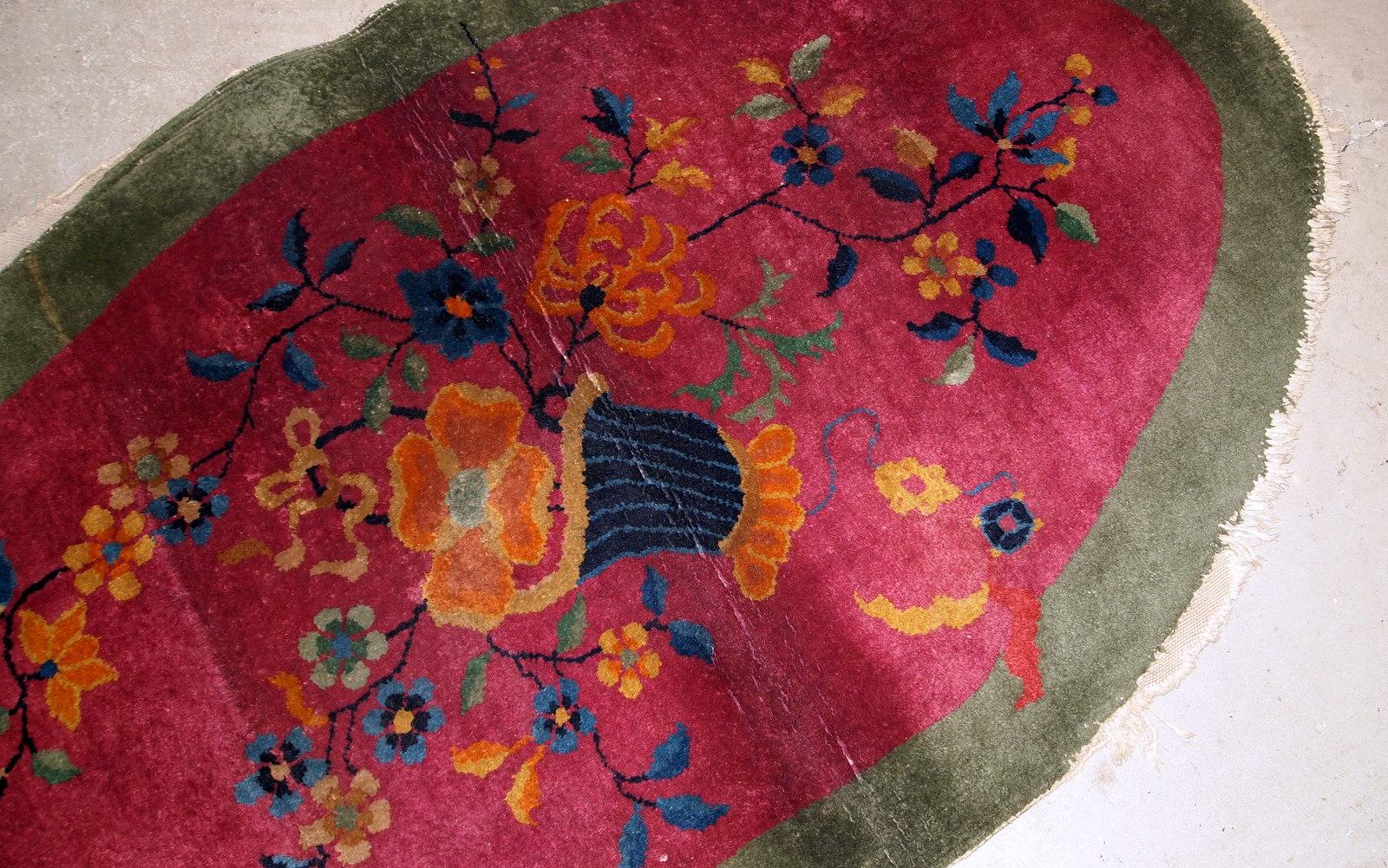 Early 20th Century Handmade Antique Oval Art Deco Chinese Rug, 1920s, 1B634 For Sale