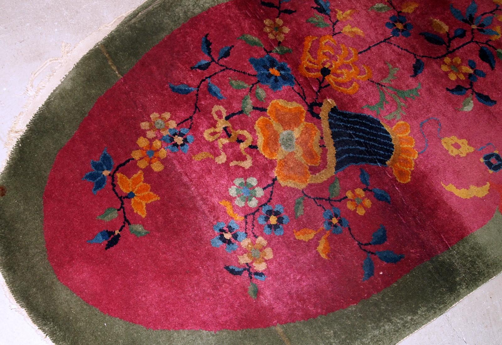 Wool Handmade Antique Oval Art Deco Chinese Rug, 1920s, 1B634 For Sale
