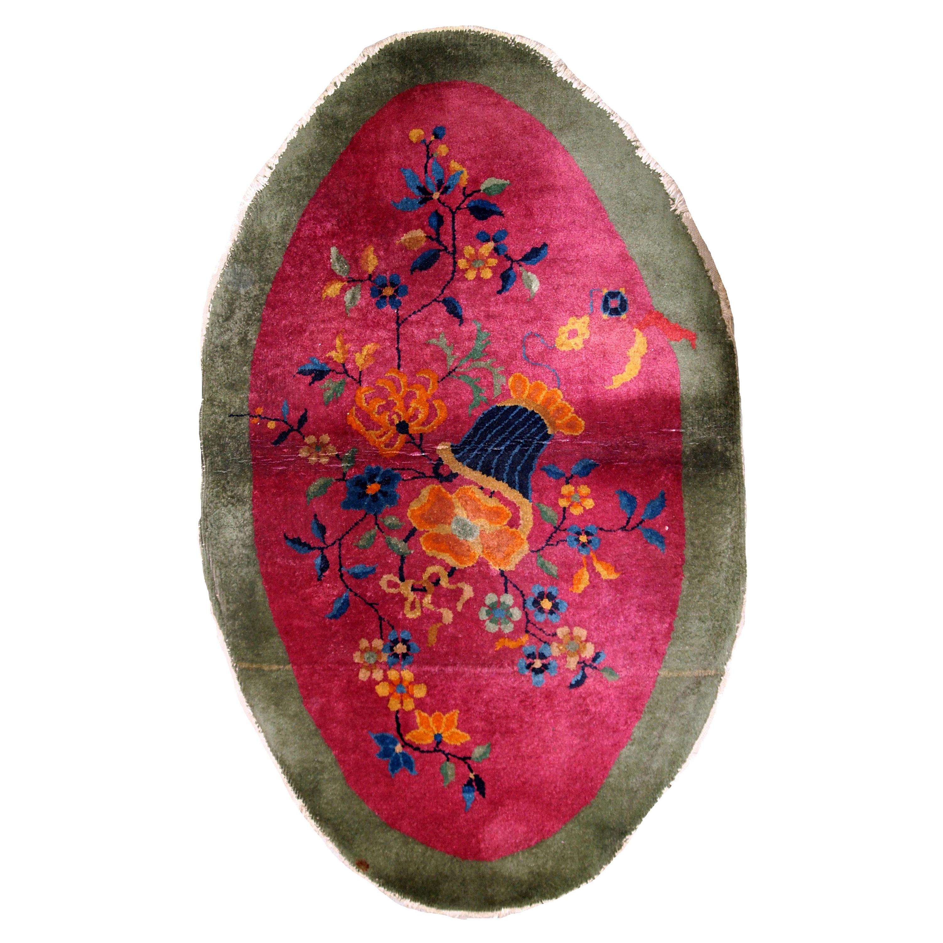 Handmade Antique Oval Art Deco Chinese Rug, 1920s, 1B634 For Sale