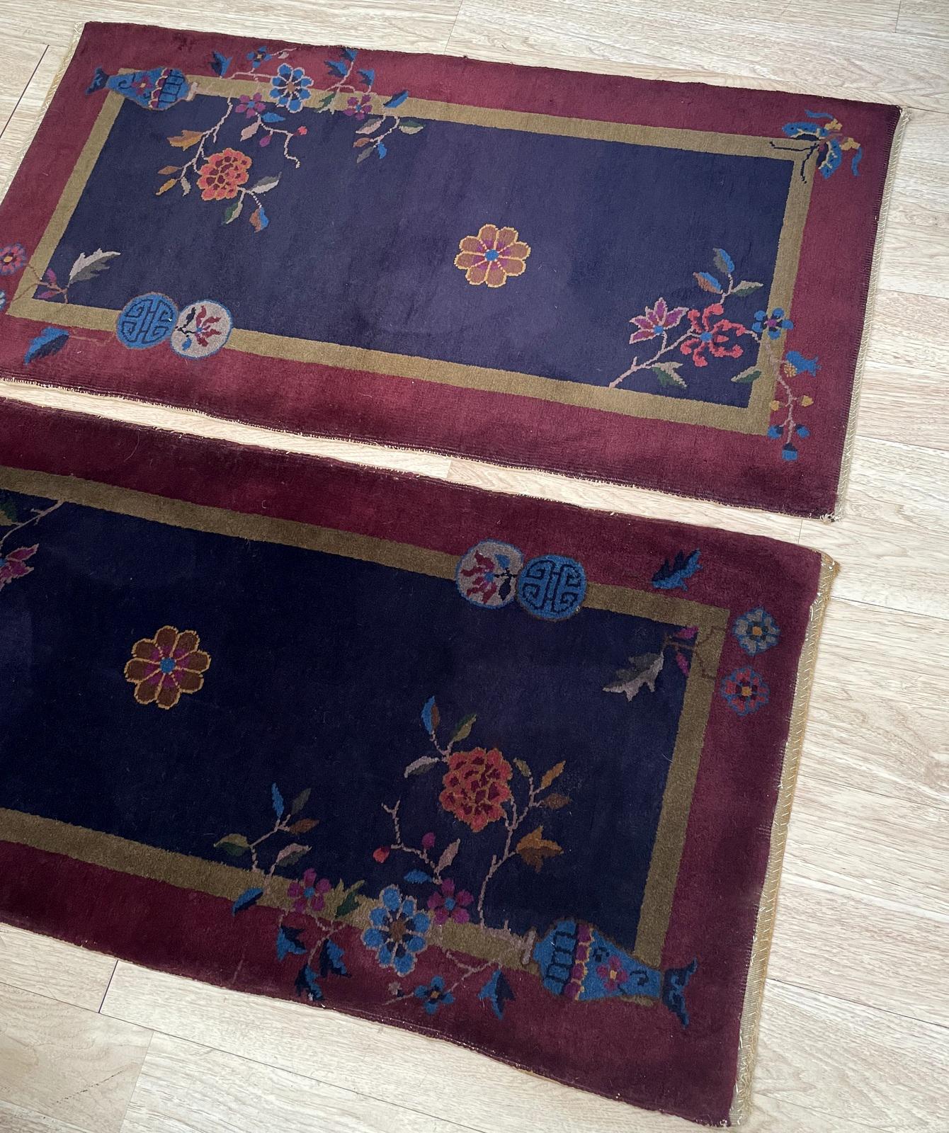 Noué à la main Paire d'anciens tapis chinois Art Déco faits main 2.1' x 4.2', années 1920 - 2B79 en vente
