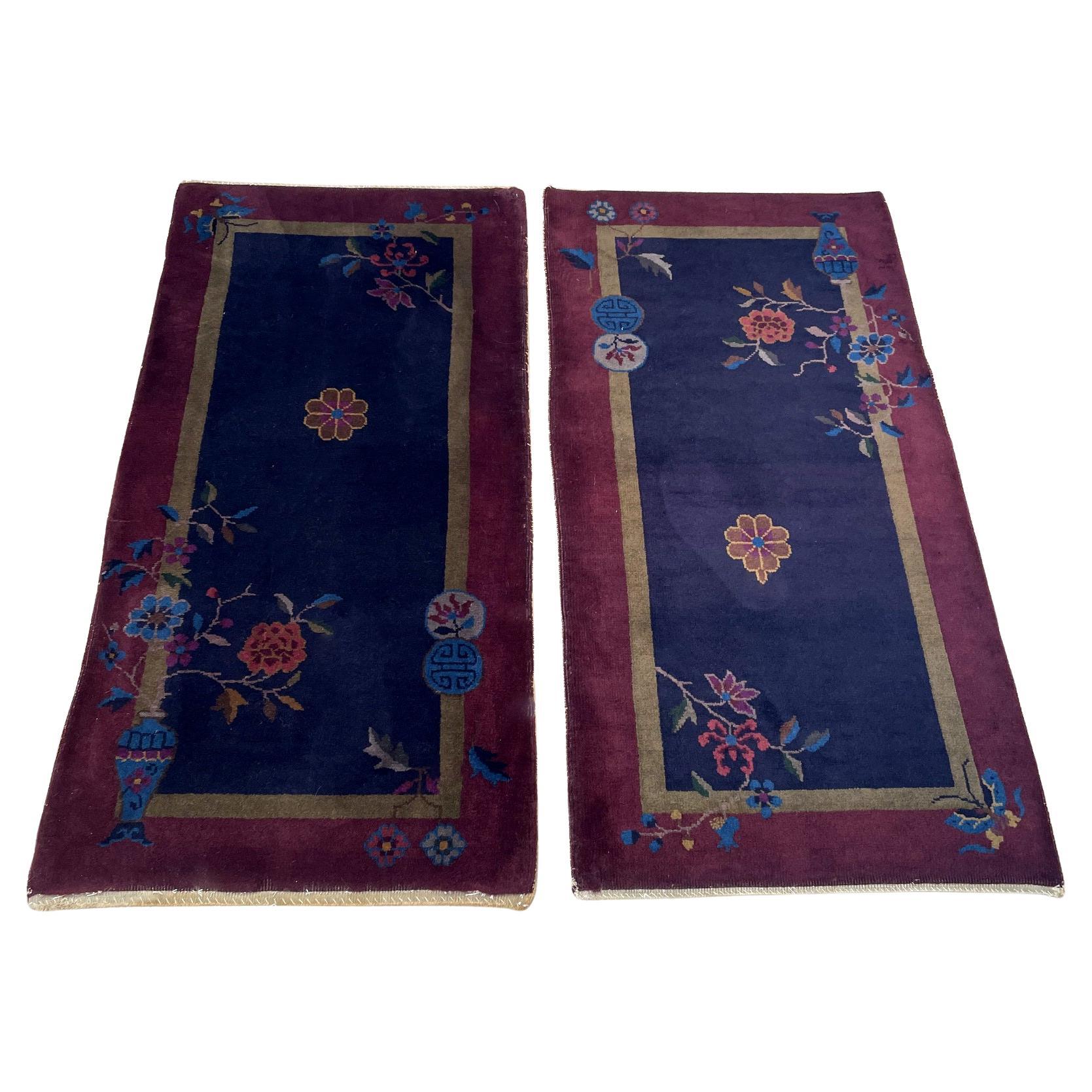 Handmade Antique Pair of Art Deco Chinese Rugs 2.1' x 4.2', 1920s - 2B79