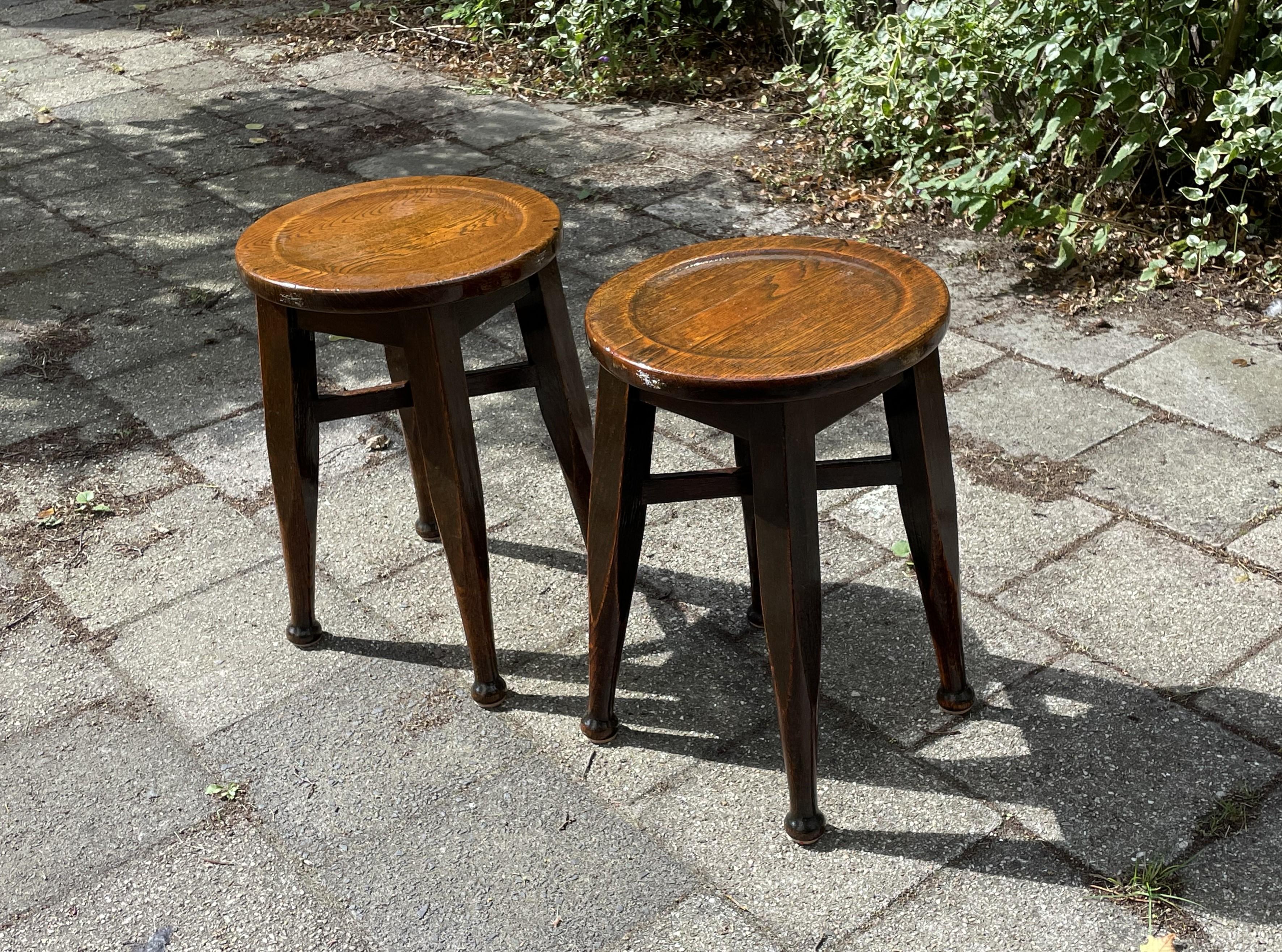 Handmade Antique Pair of Arts and Crafts Style Oak Stools by Gaskell & Chambers For Sale 11