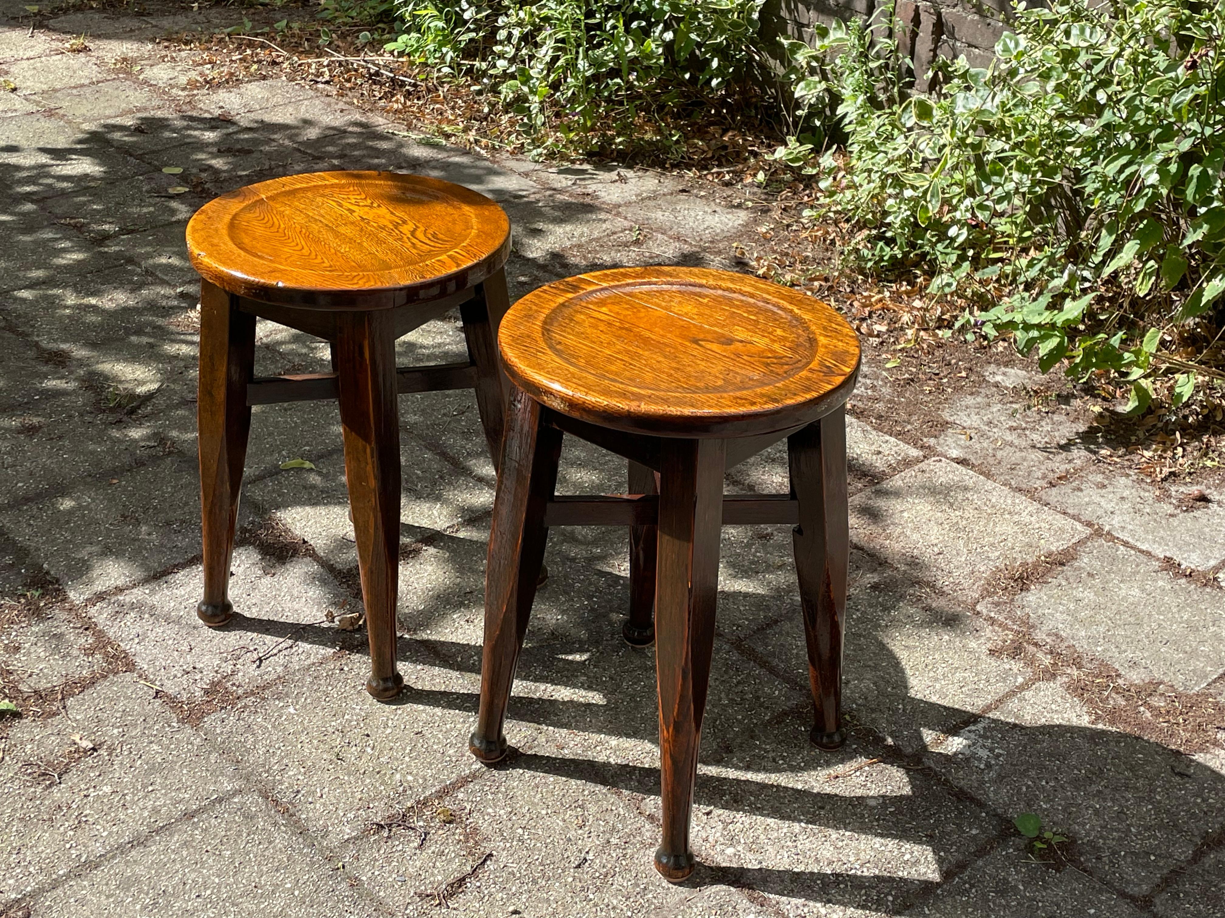 Rare and marked pair of antique stools. Great for an Arts and Crafts or Mission Style (inspired) interior.

Finding this rare pair of Arts and Crafts stools from the UK was a treat and to have found them in this very good condition made this find