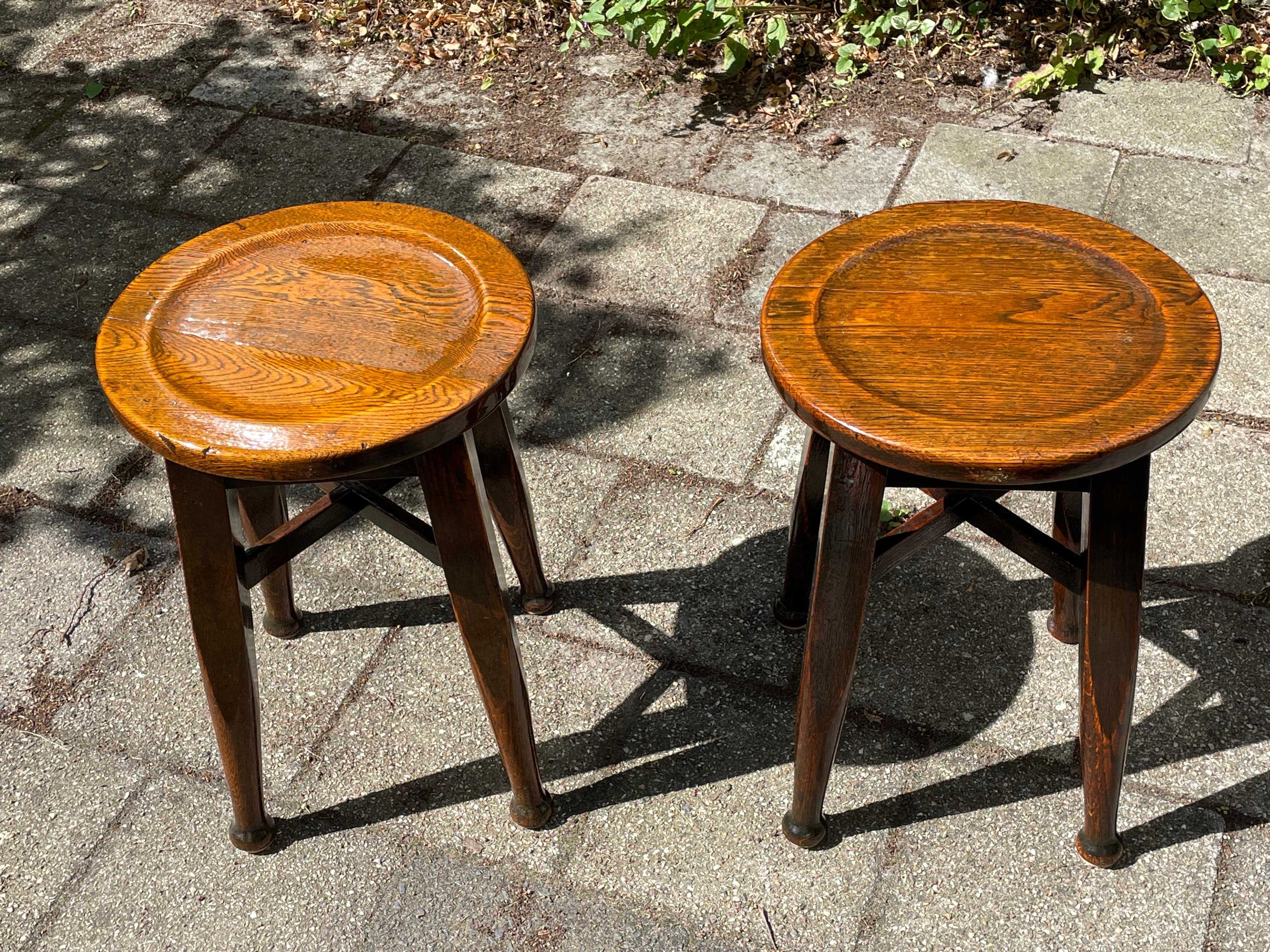 European Handmade Antique Pair of Arts and Crafts Style Oak Stools by Gaskell & Chambers For Sale