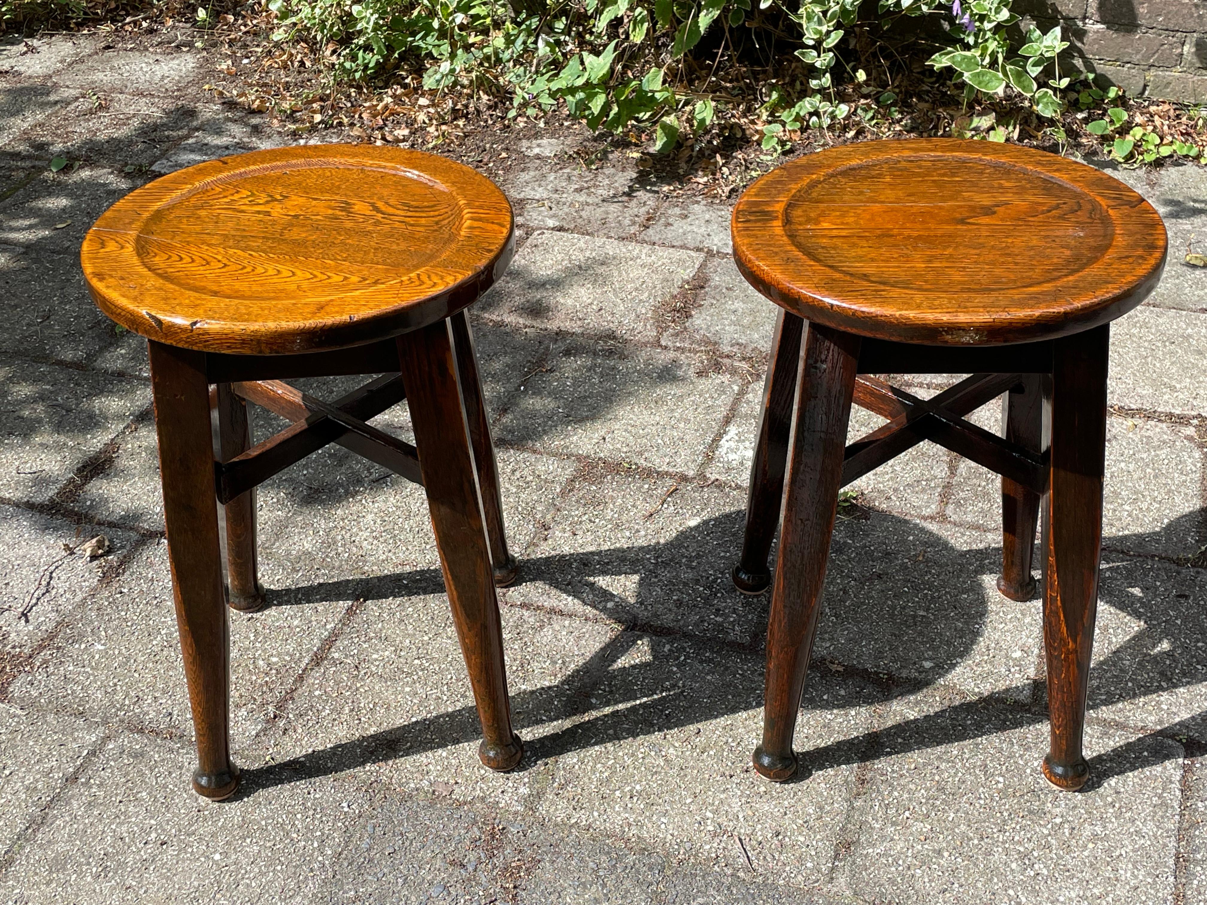 Hand-Crafted Handmade Antique Pair of Arts and Crafts Style Oak Stools by Gaskell & Chambers For Sale