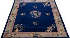 Handmade Antique Peking Blue Chinese Wool Rug with Classic Floral Design
