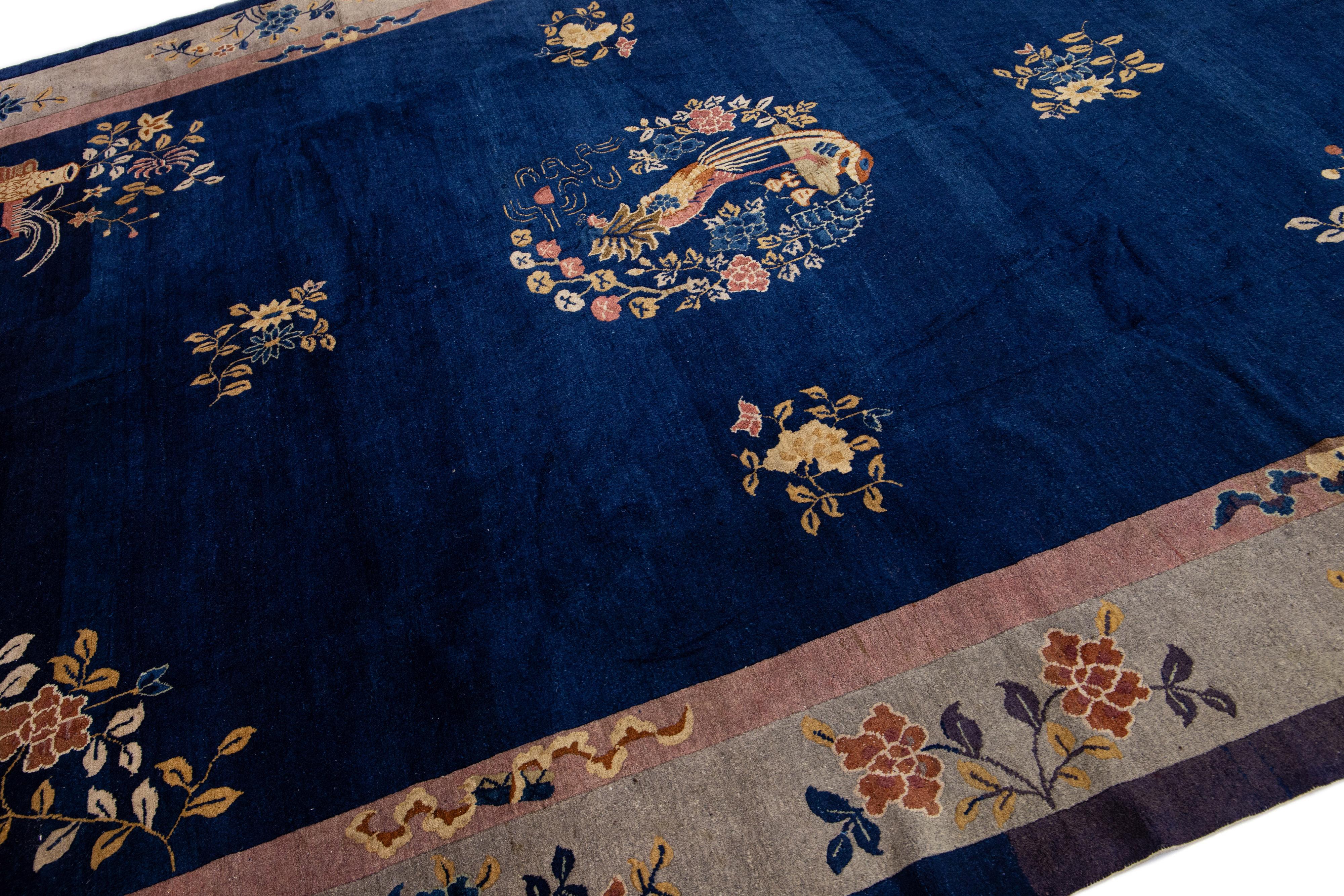 Chinese Export Handmade Antique Peking Blue Chinese Wool Rug with Classic Floral Design For Sale