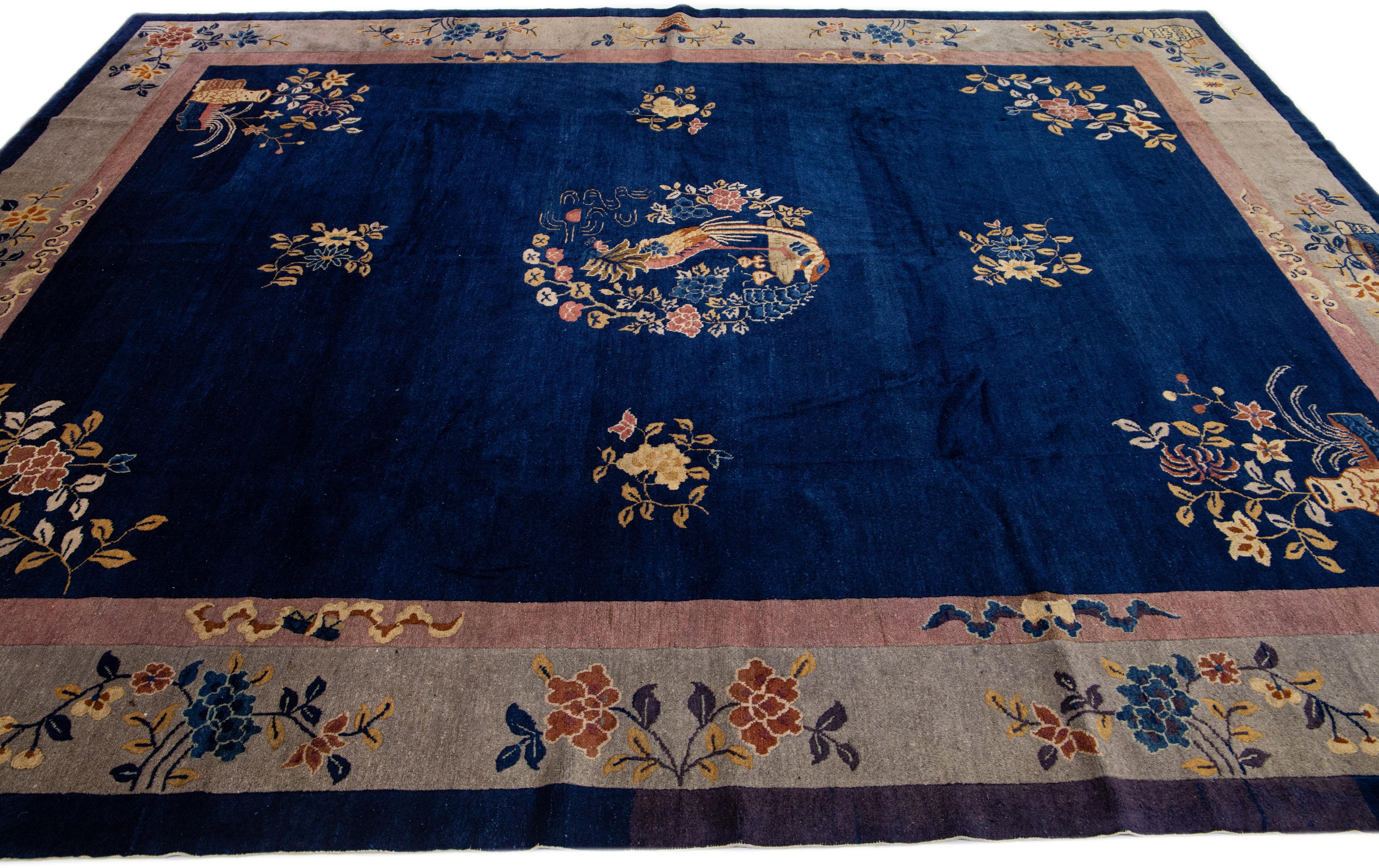 Hand-Knotted Handmade Antique Peking Blue Chinese Wool Rug with Classic Floral Design For Sale