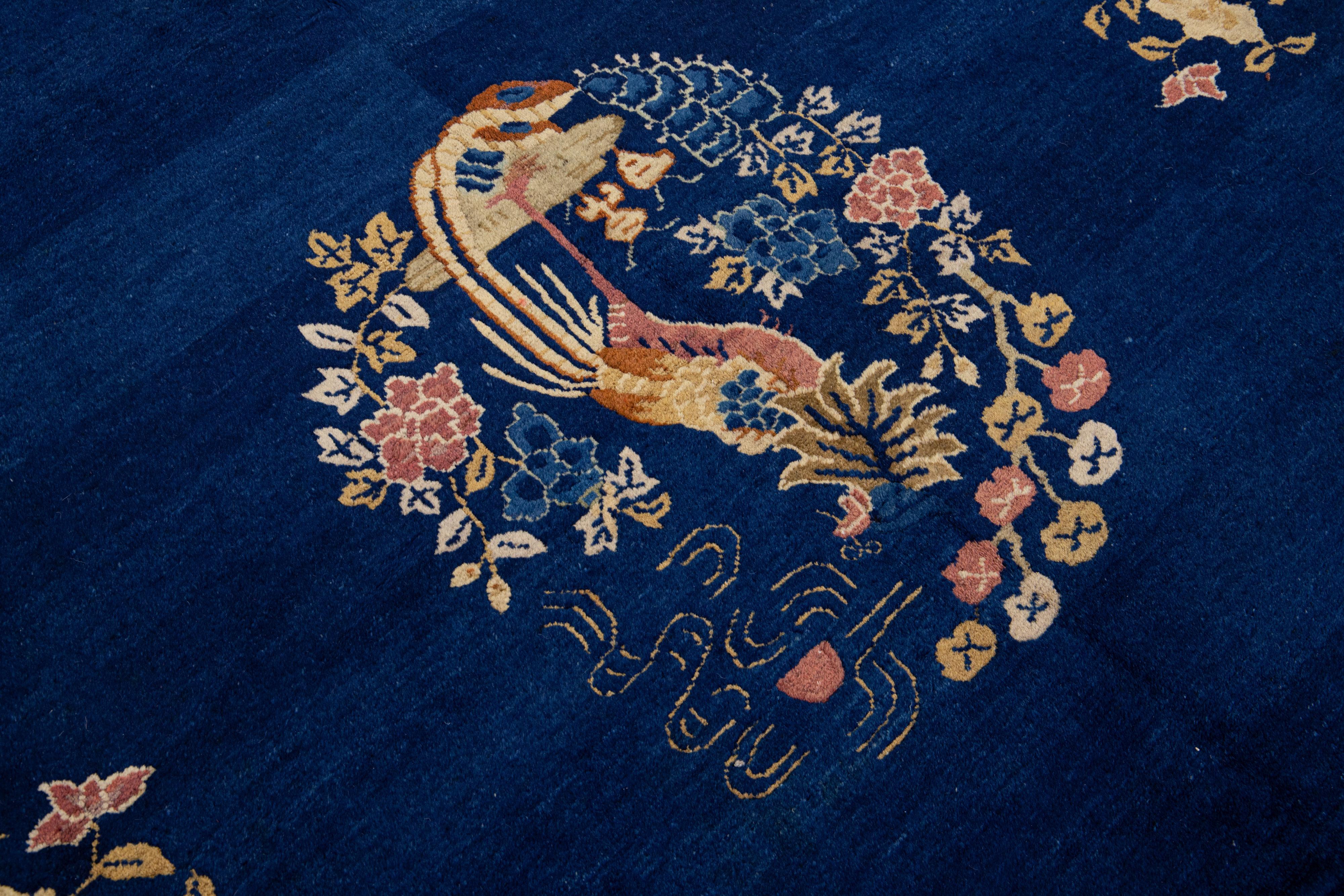 20th Century Handmade Antique Peking Blue Chinese Wool Rug with Classic Floral Design For Sale
