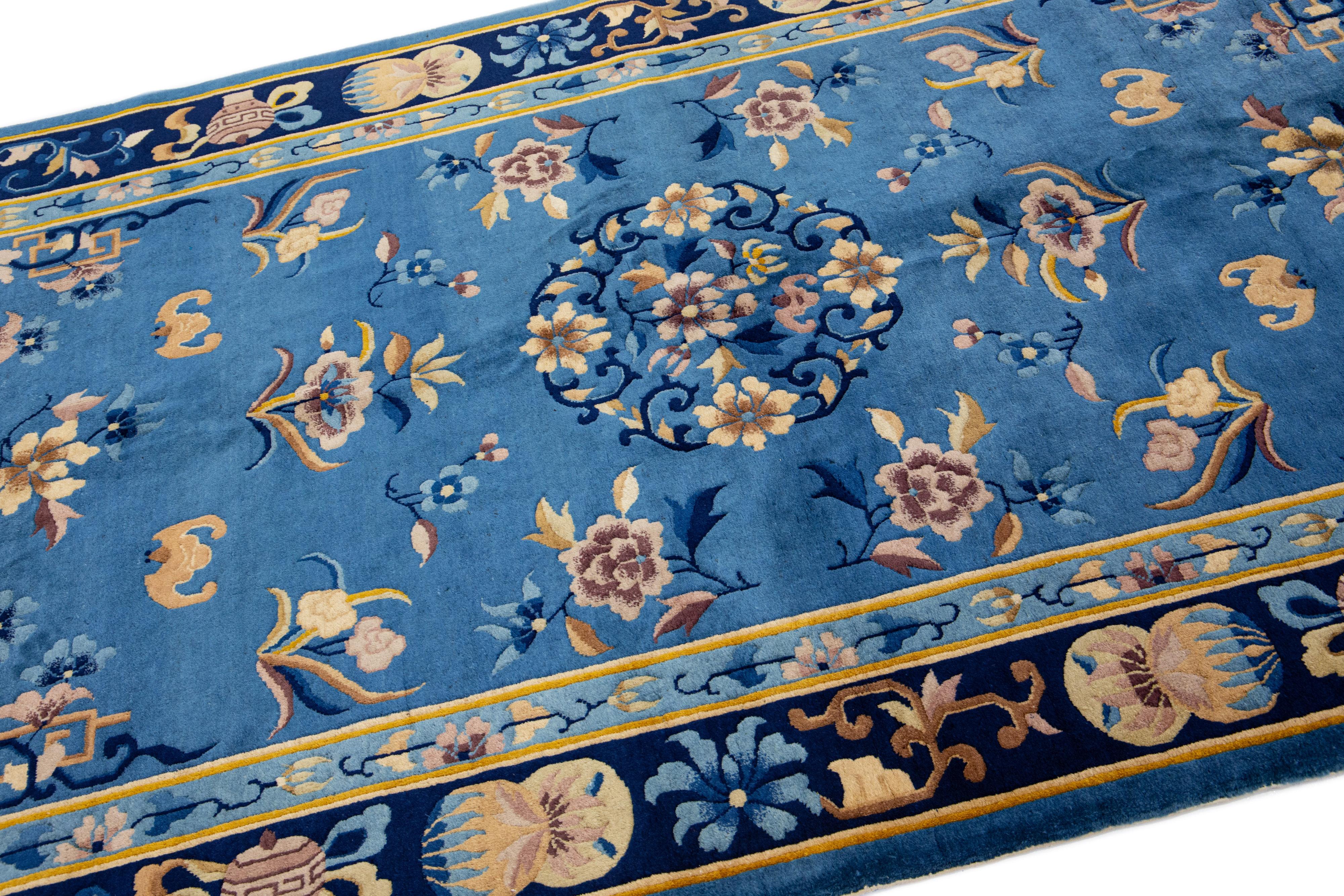 Chinese Export Handmade Antique Peking Chinese Blue Wool Rug with Allover Floral Design For Sale